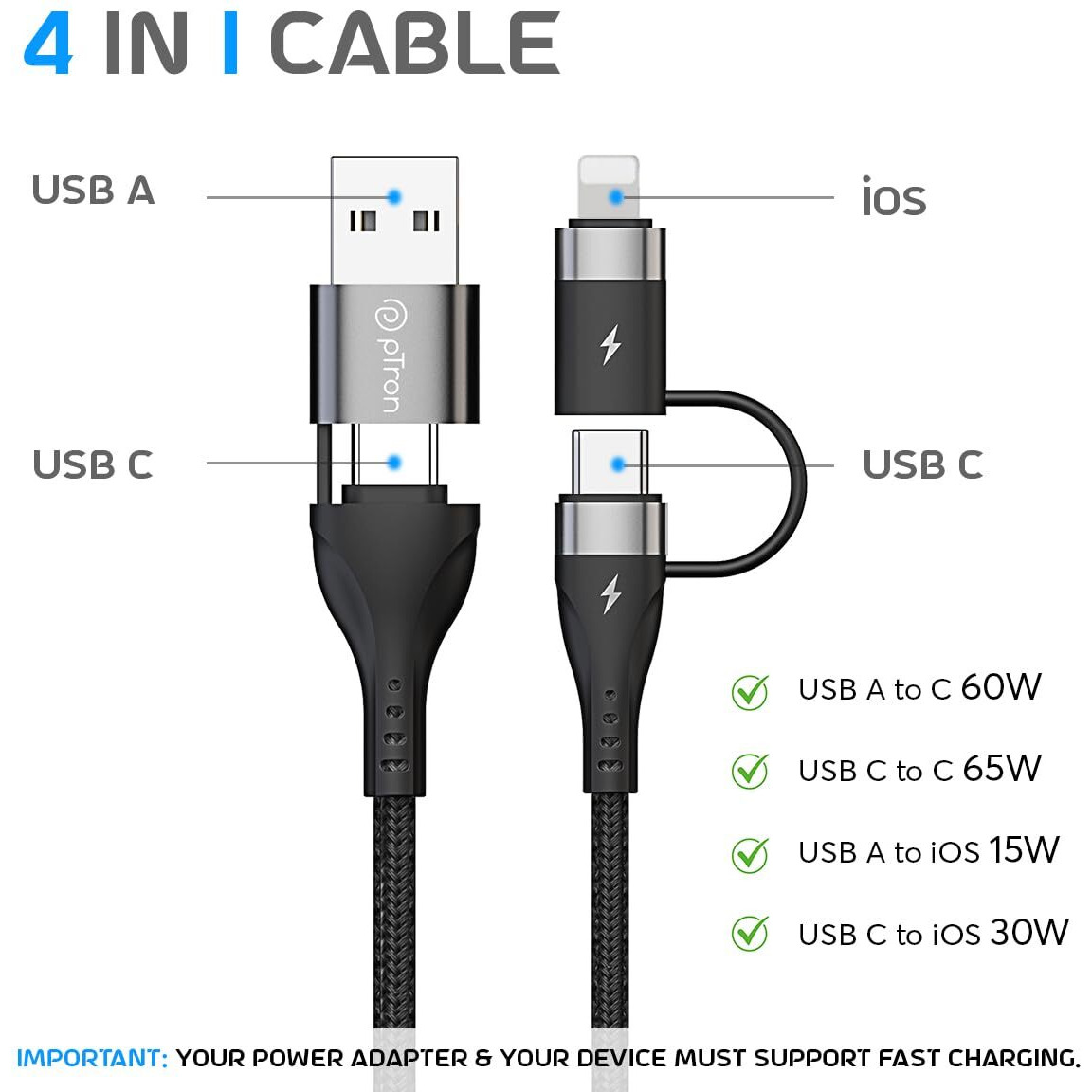 pTron Solero 4 in 1 Fast Charging USB Cable, Compatible with Oppo/Samsung/Vivo/Realme/iPhones, 65W Type C to Type C, 60W USB to Type C, 30W Type C to 8 Pin iOS, 15W USB to iOS, Nylon Braided(1M Black)