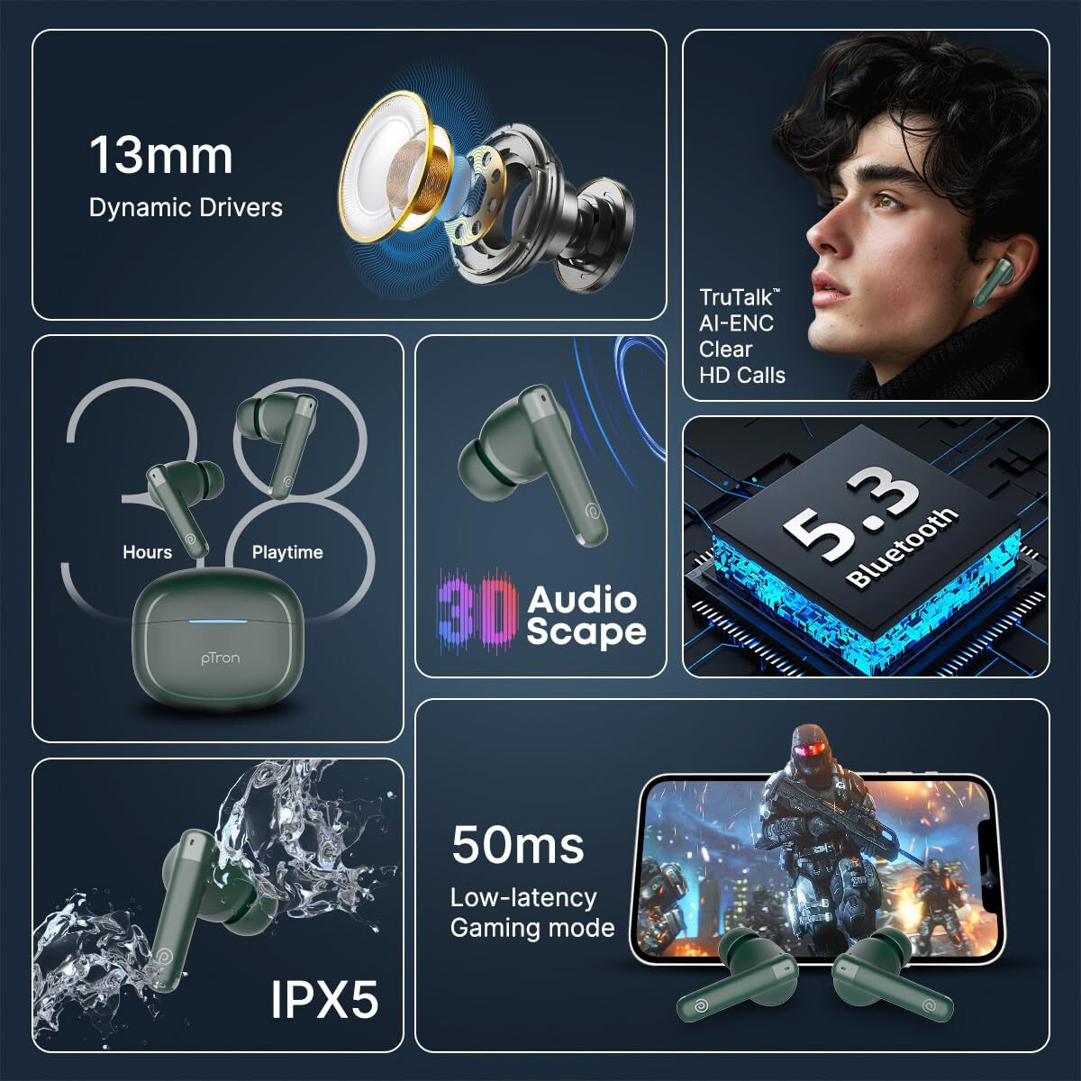 pTron Bassbuds Duo Pro TWS in Ear Earbuds with 3D Audioscape,Trutalk Ai-Enc Calls,Thunder Bass,38H Playtime,50Ms Low Latency Movie/Music Modes,Bt 5.3&Ultra Hd Mic,Fast Type-C Charging&Ipx5(Green)