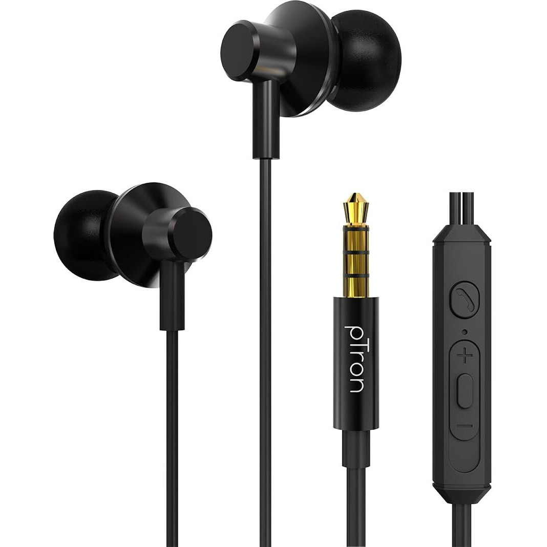pTron Pride Lite in-Ear Wired Earphones with in-line Mic, 10mm Driver, Immersive Sound, Metal Buds, Compatible with 3.5mm Aux Port Device & 1.2m Tangle-Free Cable (Metallic Black)