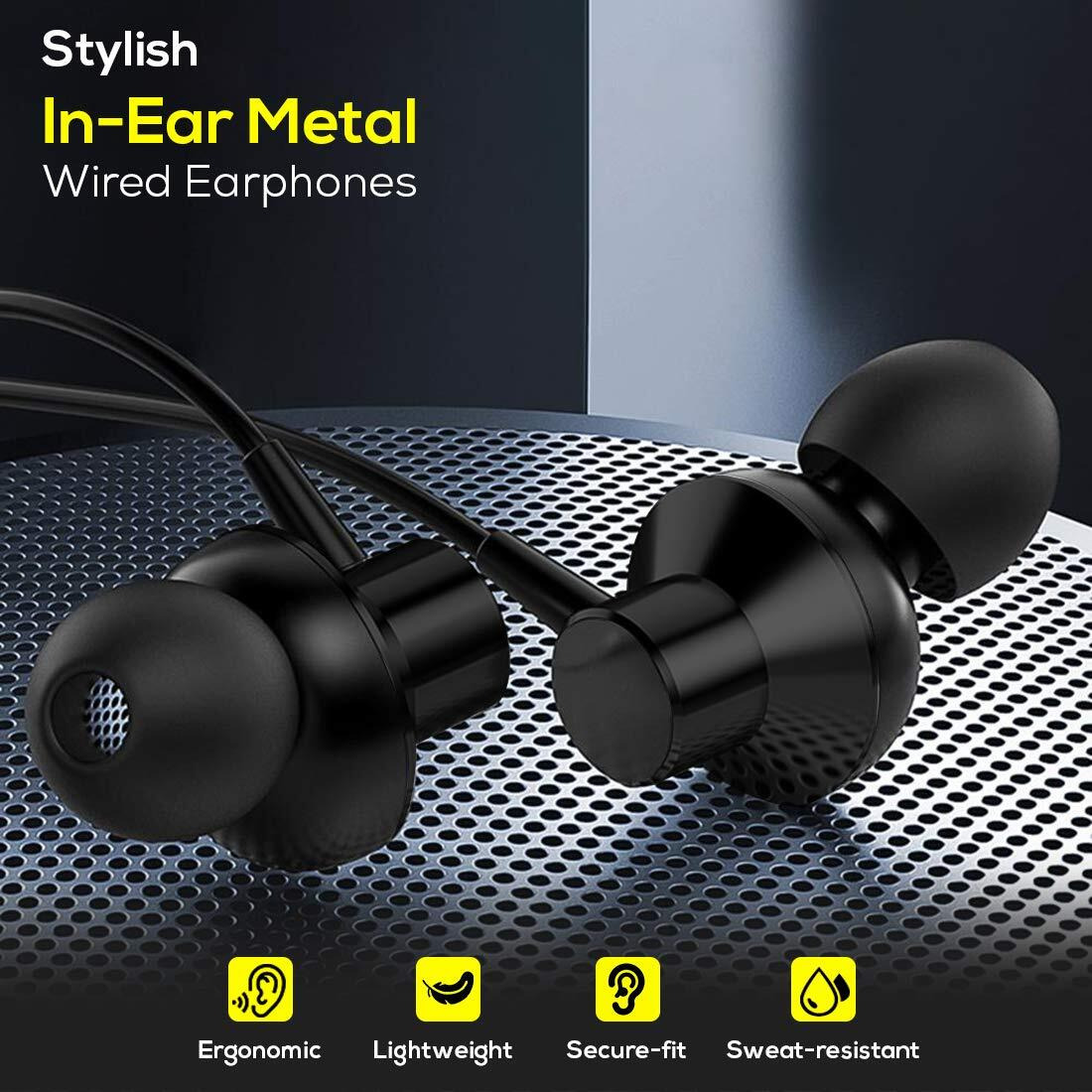 pTron Pride Lite in-Ear Wired Earphones with in-line Mic, 10mm Driver, Immersive Sound, Metal Buds, Compatible with 3.5mm Aux Port Device & 1.2m Tangle-Free Cable (Metallic Black)