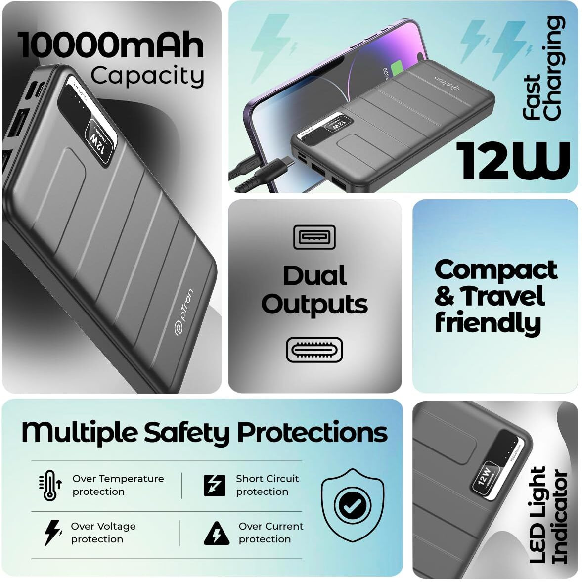 pTron Dynamo Nitro 10000mAh 12W Power Bank, Dual USB Charging Ports, 2 Input Ports Type-C & Micro USB, Made in India, Multiple Layers of Protection & BIS Certified (Black)
