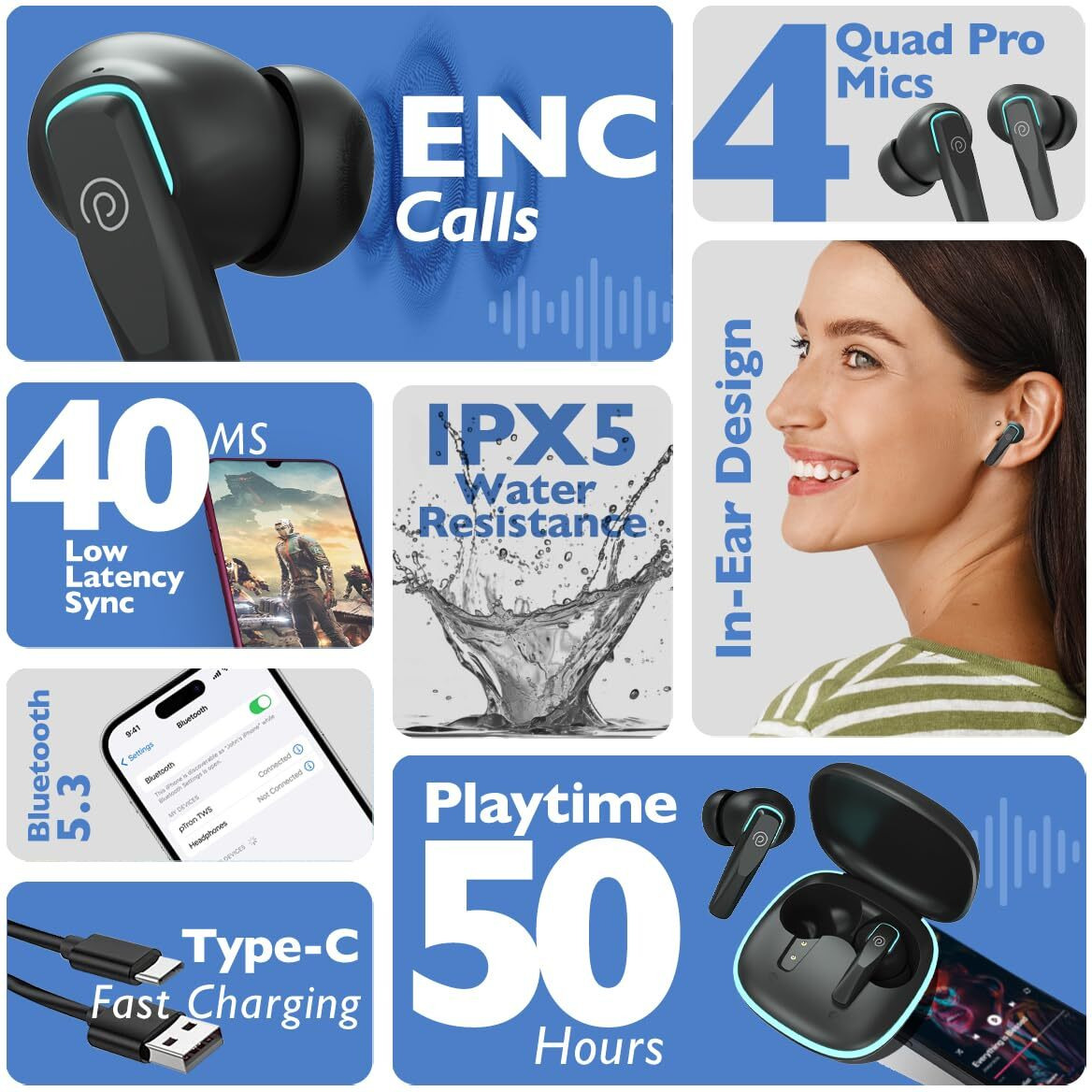 pTron Zenbuds Evo X2 in-Ear TWS Earbuds with Quad Mic & ENC Calls, 50H Playtime, 40ms Low Latency Sync, Bluetooth 5.3 Headphones, Type-C Fast Charging & IPX5 Water Resistant (Black)