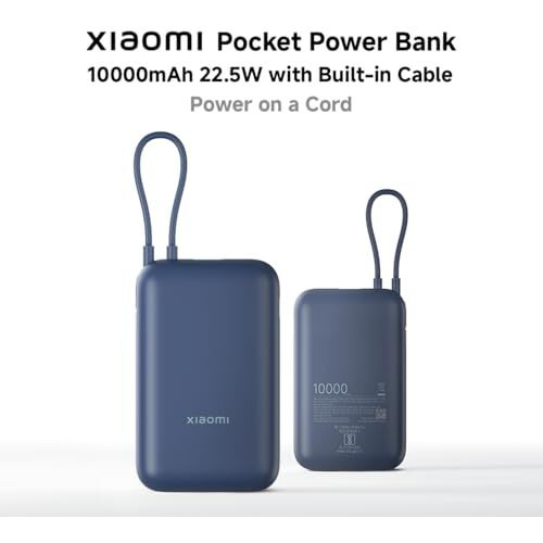 Xiaomi Pocket Power Bank 10000mAh 22.5W Fast Charging|Inbuilt Cable|Slim & Compact|Power Delivery|QC 3.0|Type-C Input & Output|3 Output Ports|Blue|Supports Android,Apple,Tablets,Earbuds,Watches