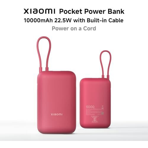 Xiaomi Pocket Power Bank 10000mAh 22.5W Fast Charging|Inbuilt Cable|Slim & Compact|Power Delivery|QC 3.0|Type-C Input & Output|3 Output Port|Maroon|Supports Android,Apple,Tablets,Earbuds,Watches