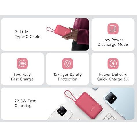 Xiaomi Pocket Power Bank 10000mAh 22.5W Fast Charging|Inbuilt Cable|Slim & Compact|Power Delivery|QC 3.0|Type-C Input & Output|3 Output Port|Maroon|Supports Android,Apple,Tablets,Earbuds,Watches