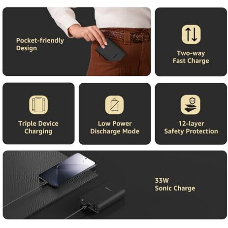 Xiaomi Pocket Power Bank pro 10000mAh 33W Super Fast Charging PD|Compact|Power Delivery|QC 3.0|Type C Input & Output|Triple Output Ports|Blue|Supports Android,Apple,Tablets,Earbuds,Watches etc (MI)