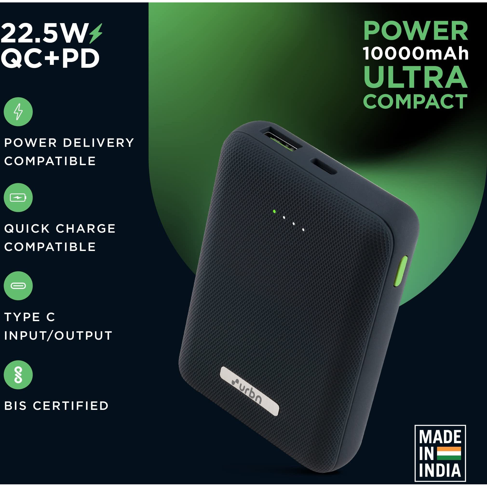 URBN 10000 mAh Ultra Compact 22.5W Super Fast Charging Pocket Power Bank with Quick Charge & Power Delivery, Type C Input/Output, Made in India, Type C Cable Included (Blue)