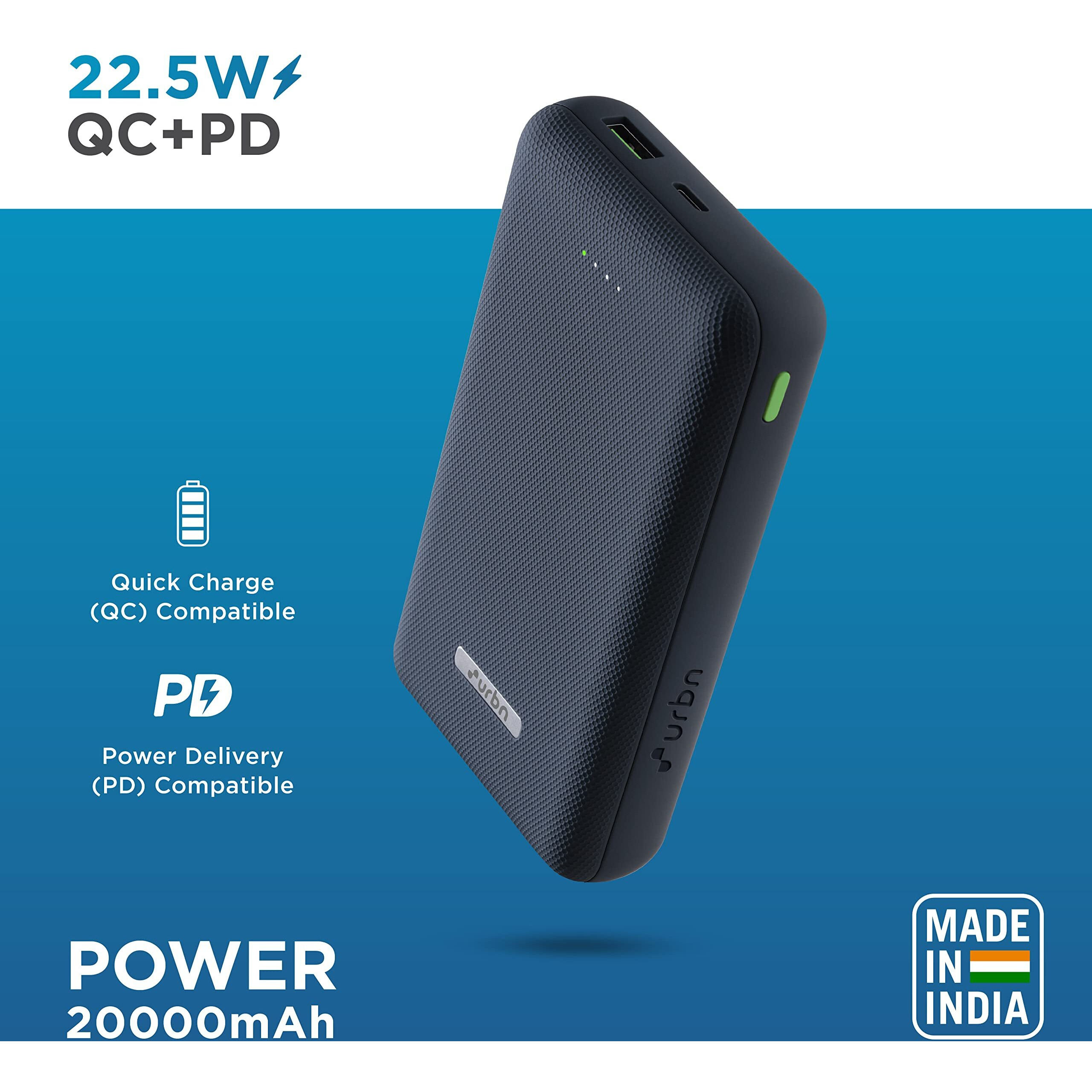 URBN 20000 mAh Lithium_Polymer 22.5W Super Fast Charging Ultra Compact Power Bank with Quick Charge & Power Delivery, Type C Input/Output, Made in India, Type C Cable Included (Blue)