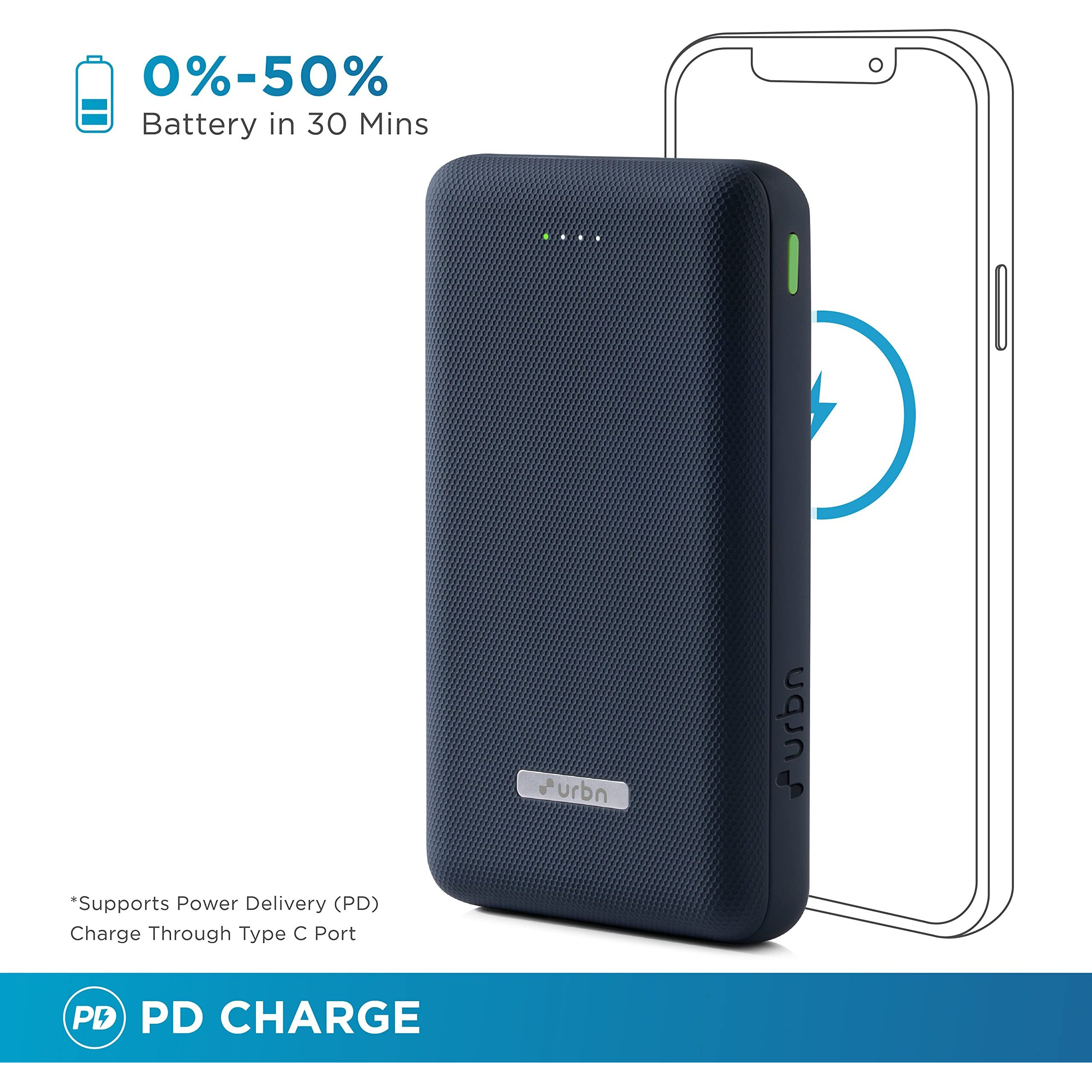 URBN 20000 mAh Lithium_Polymer 22.5W Super Fast Charging Ultra Compact Power Bank with Quick Charge & Power Delivery, Type C Input/Output, Made in India, Type C Cable Included (Blue)