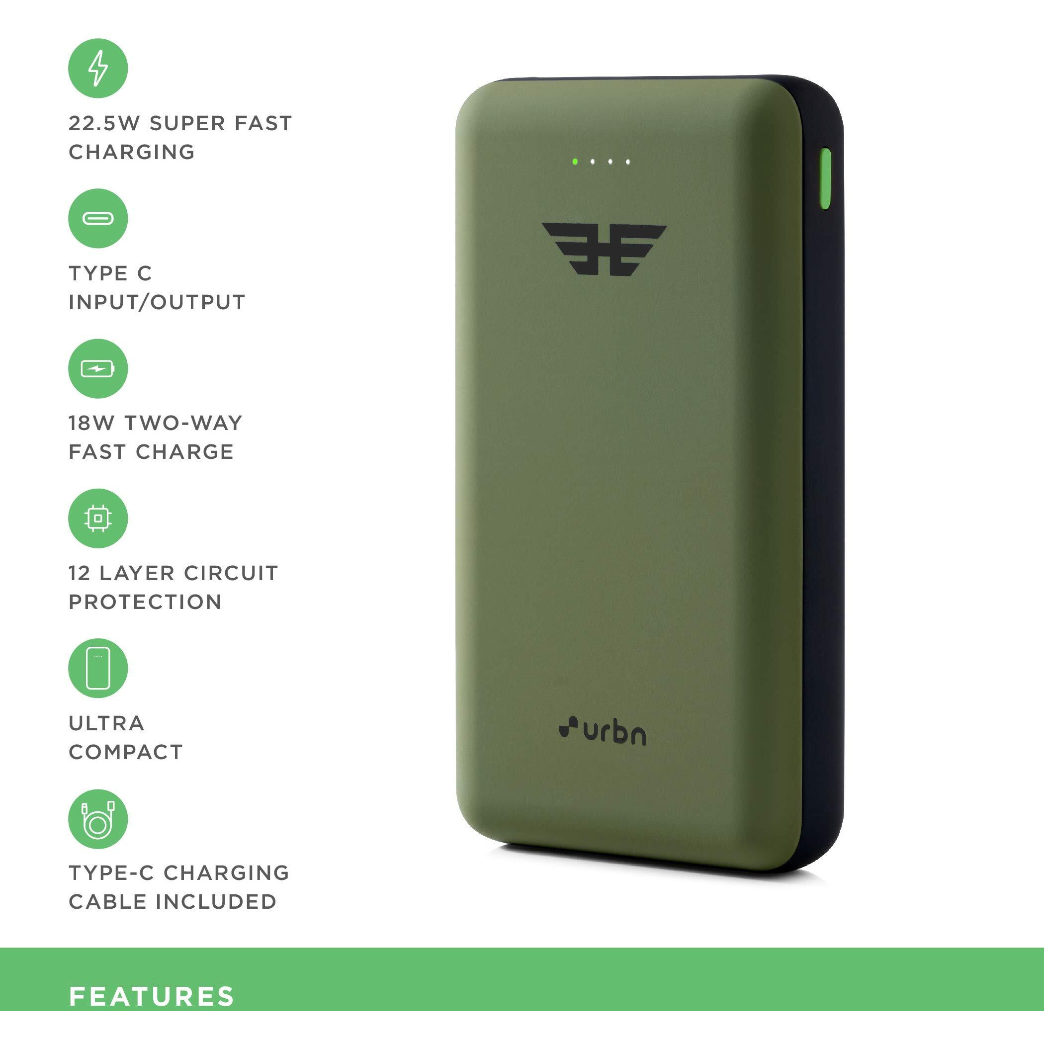 URBN 20000 mAh Lithium_Polymer 22.5W Super Fast Charging Ultra Compact Power Bank with Quick Charge & Power Delivery, Type C Input/Output, Made in India, Type C Cable Included (Camo)