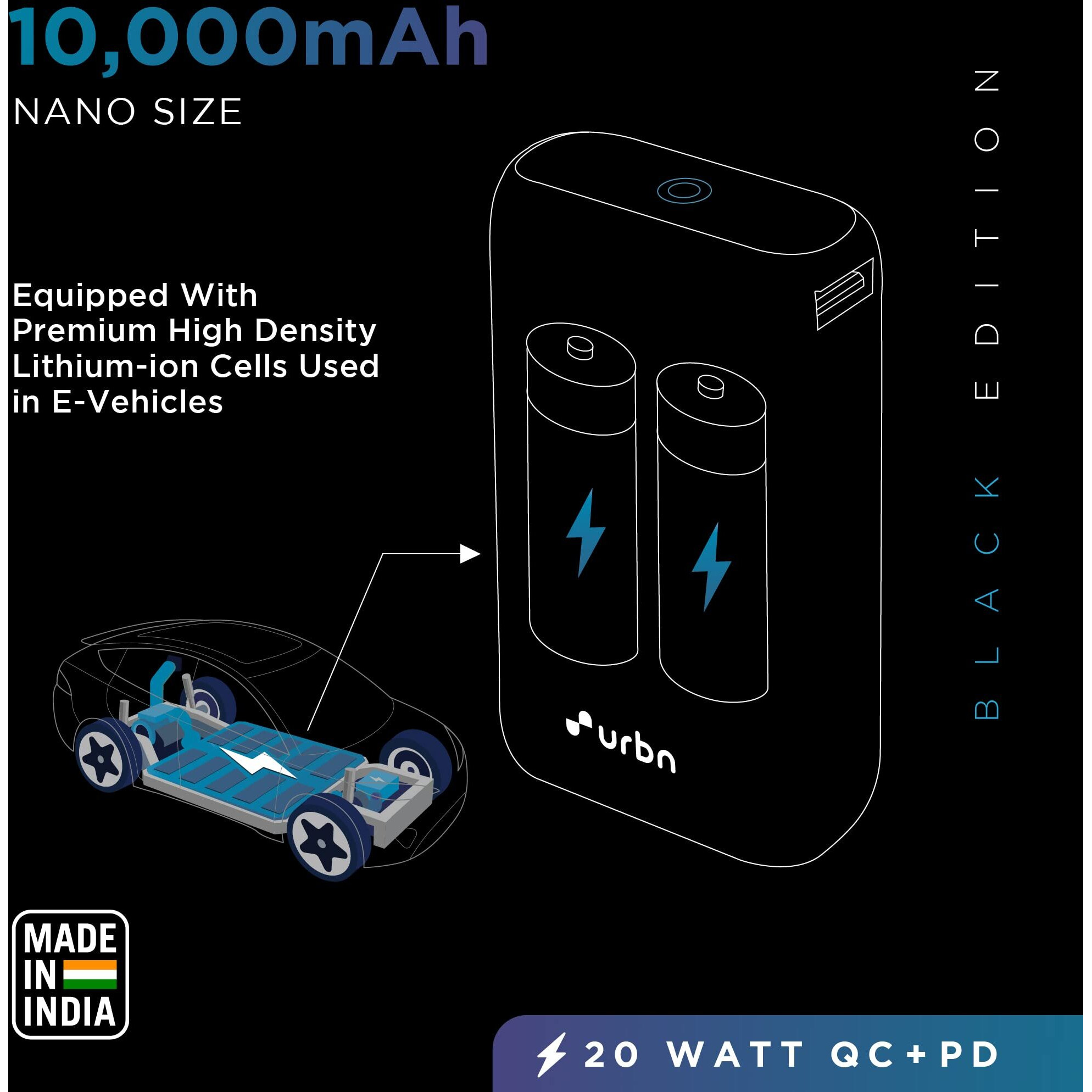 URBN 10000 mAh Lithium_ion Premium Black Edition Nano Power Bank | 20W Fast Charging | Smallest Power Bank | Type C PD (Input& Output) | Made in India | Dual Output | Free Type C Cable - Black