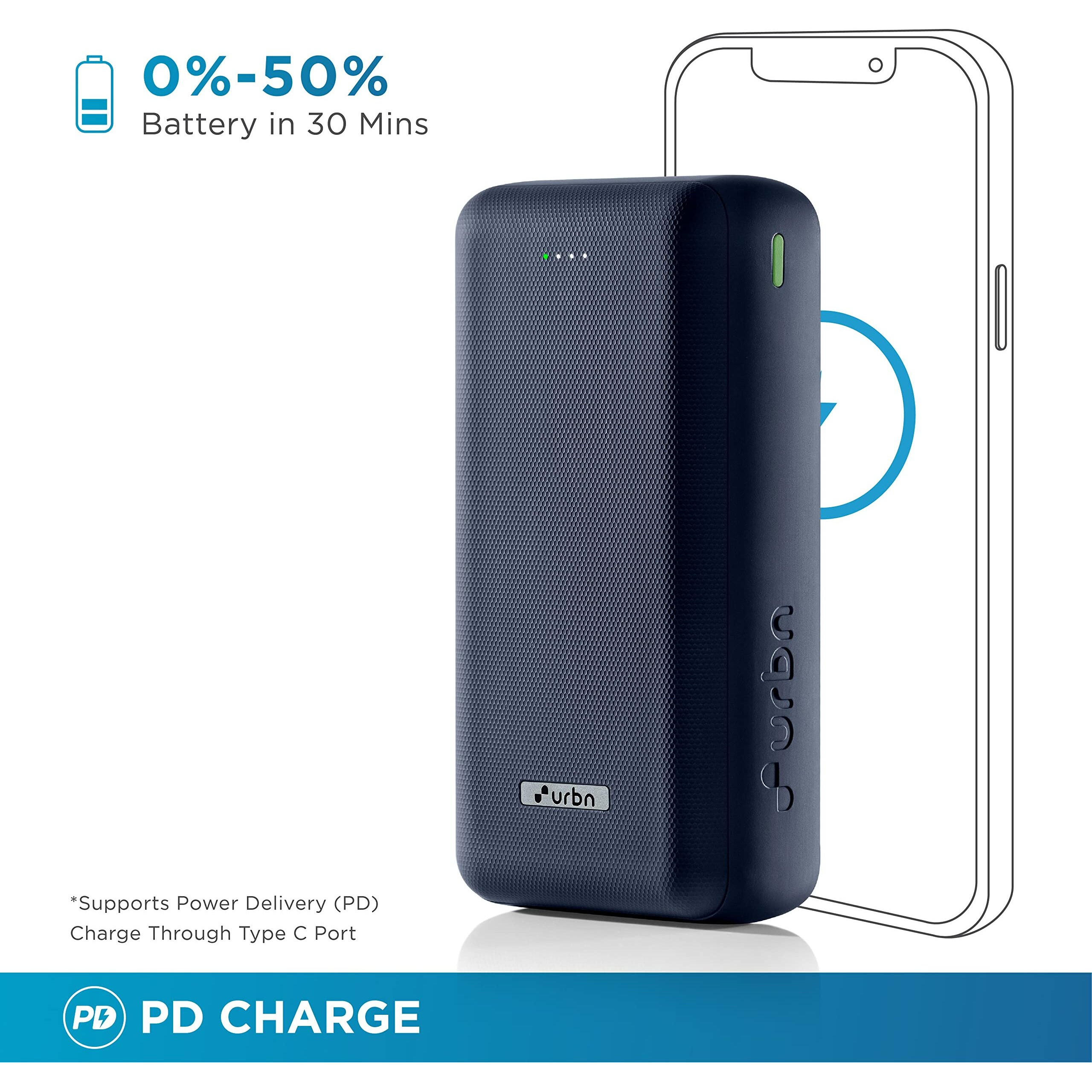 URBN 27000 mAh 22.5W Super Fast Charging Compact Power Bank with Quick Charge & Power Delivery, Type C Input/Output, Made in India, Type C Cable Included (Blue)