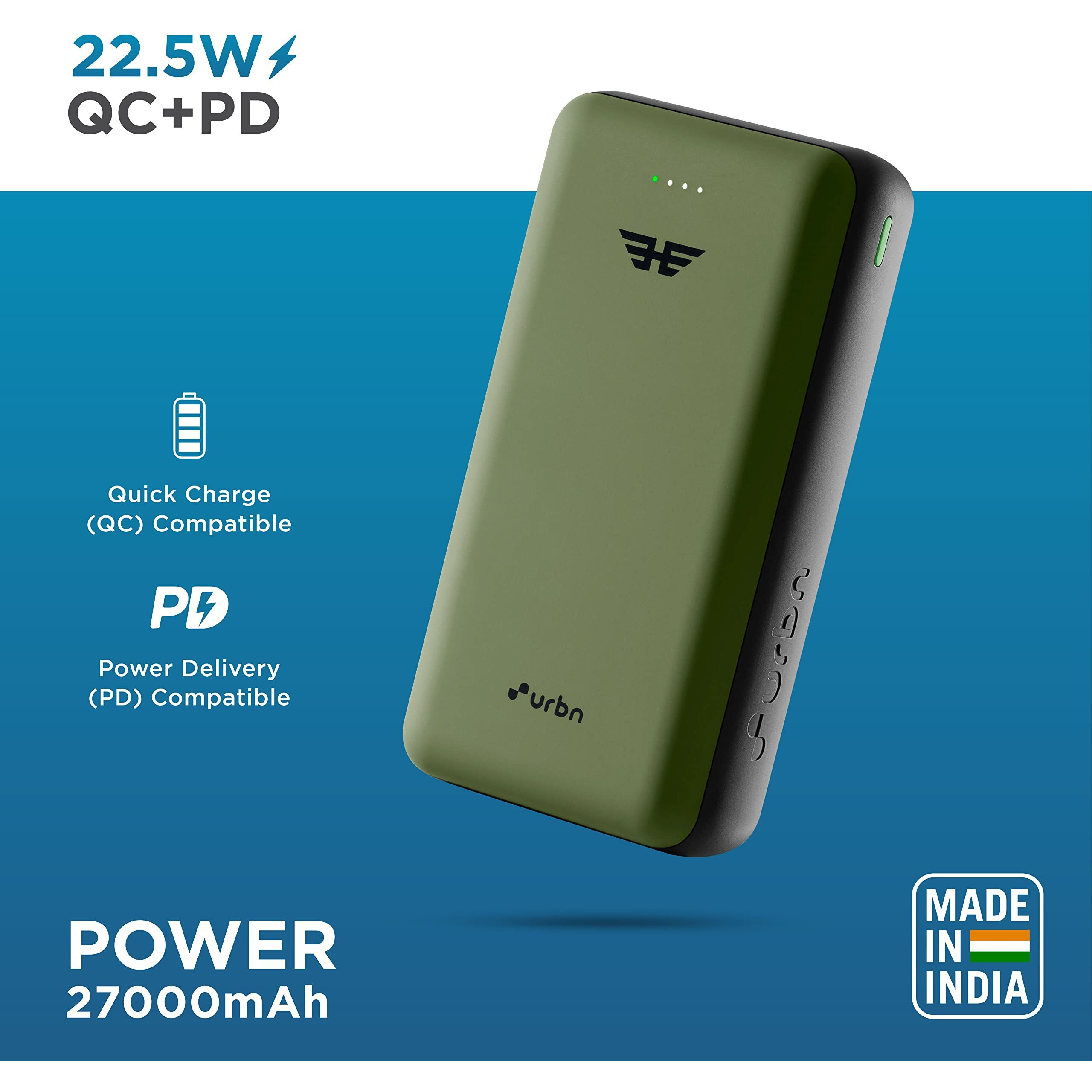 URBN 27000 mAh 22.5W Super Fast Charging Compact Power Bank with Quick Charge & Power Delivery, Type C Input/Output, Made in India, Type C Cable Included (Camo)