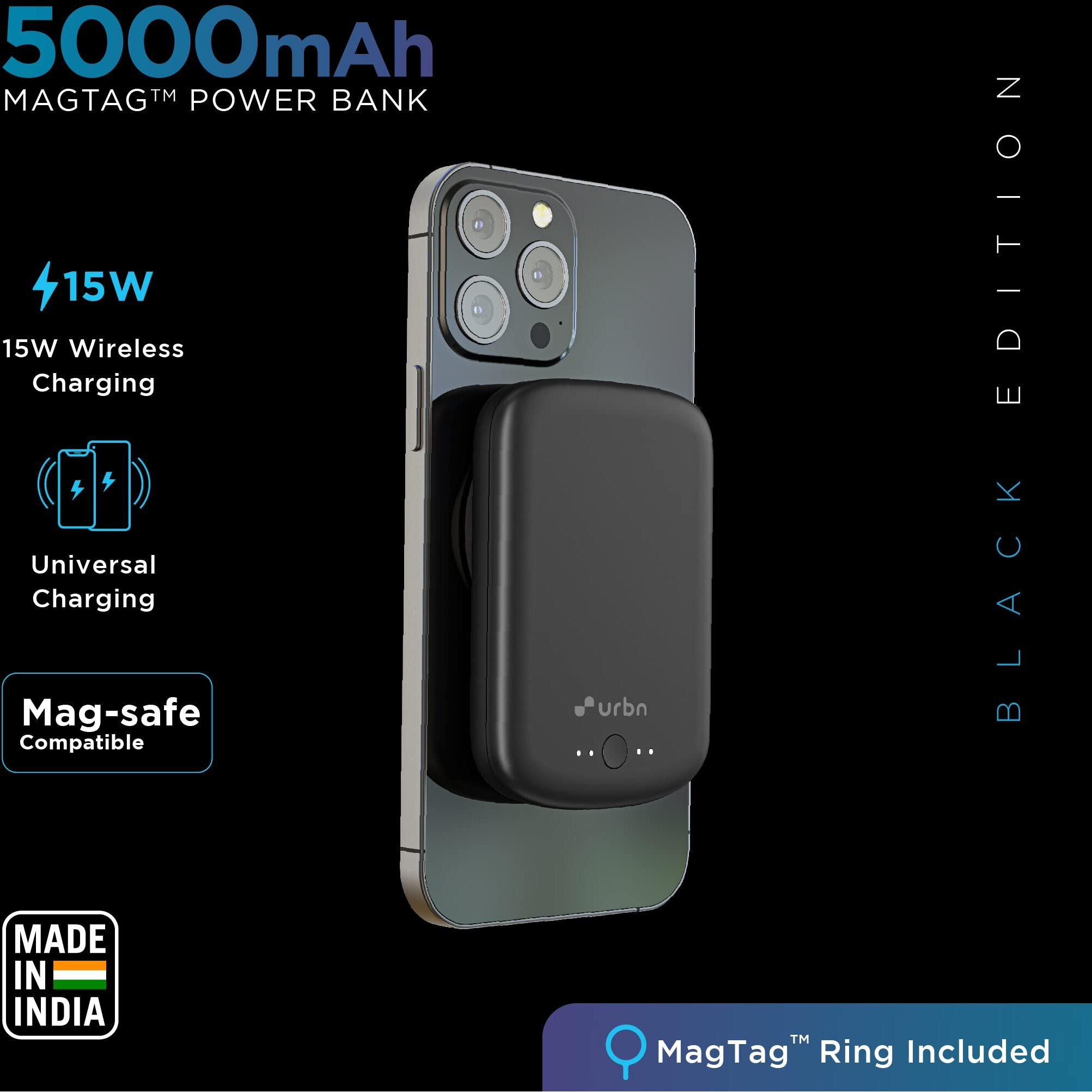 URBN 5000 mAh Premium Black Edition Magsafe Power Bank | 15W Fast Wireless Charging |Strong Magnetic Hold | Type C Input/Output | Pass Through Charging | MagTag Ring Included | (Black)
