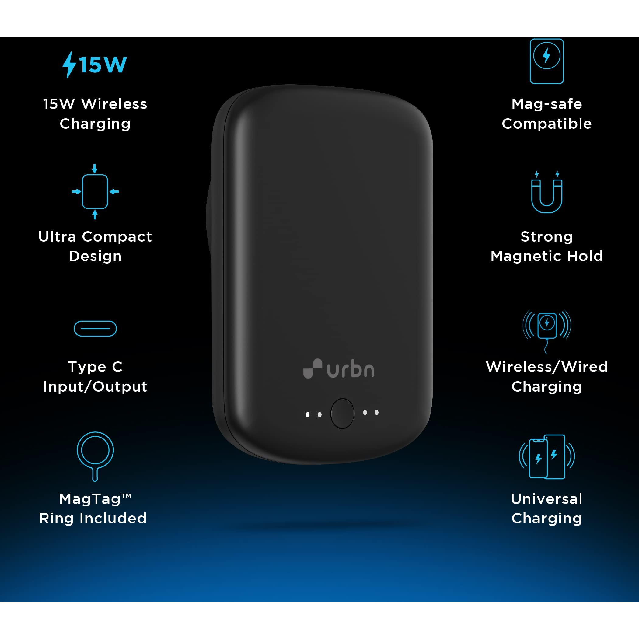 URBN 5000 mAh Premium Black Edition Magsafe Power Bank | 15W Fast Wireless Charging |Strong Magnetic Hold | Type C Input/Output | Pass Through Charging | MagTag Ring Included | (Black)