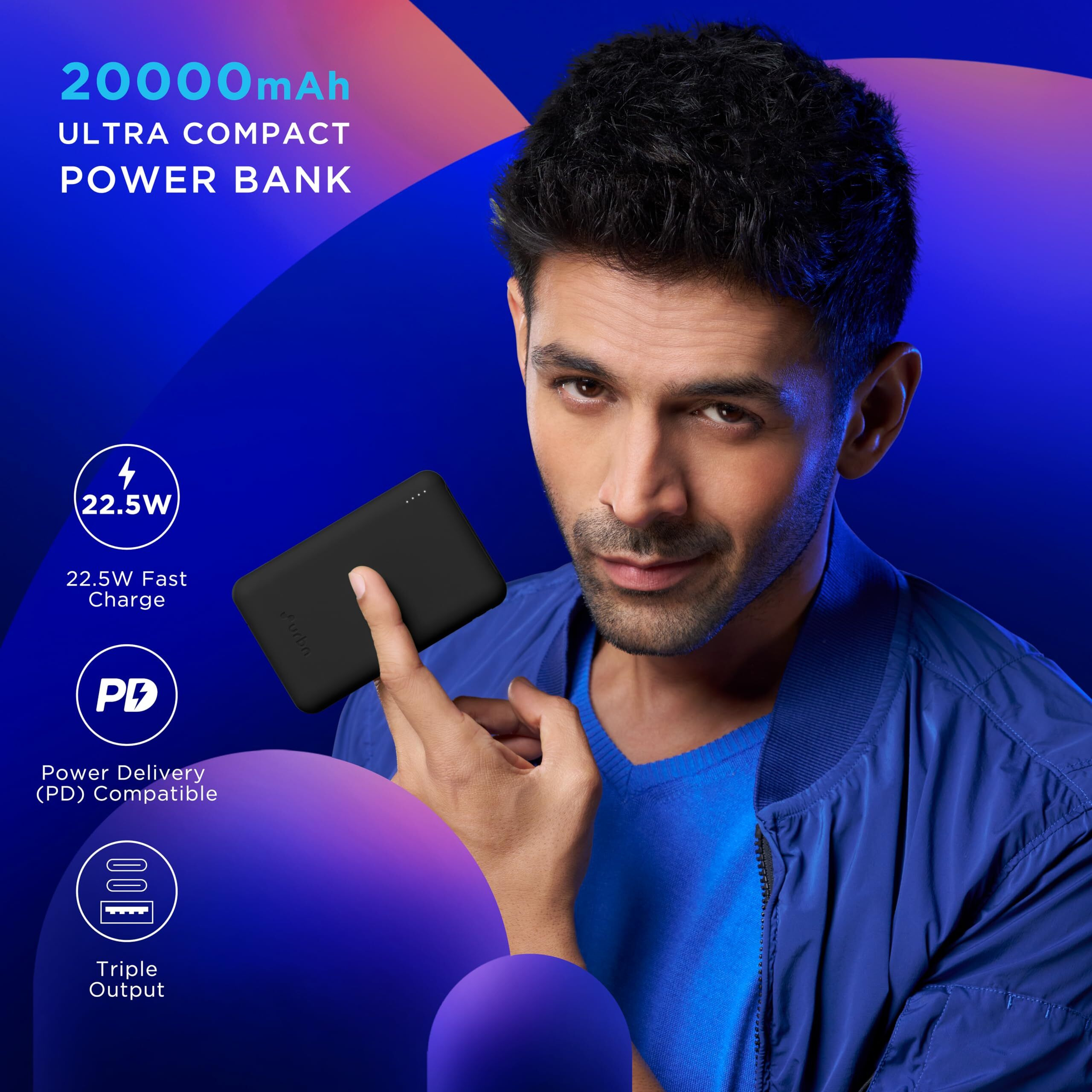 URBN 20000 mAh Premium Black Edition Nano Power Bank | 22.5W Super Fast Charging | Pocket Size| Dual Type C Power Delivery (PD) Output + 1 USB Output for Quick Charge | Two-Way Fast Charge (Black)