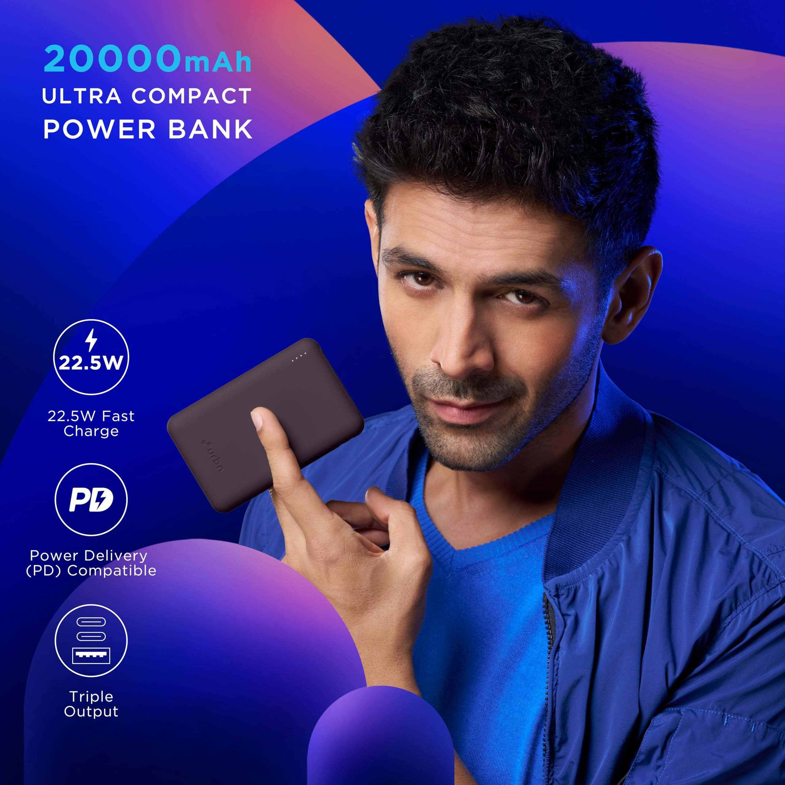 URBN 20000 mAh Premium Nano Power Bank | 22.5W Super Fast Charging | Pocket Size| Dual Type C Power Delivery (PD) Output + 1 USB Output for Quick Charge | Two-Way Fast Charge (Purple)