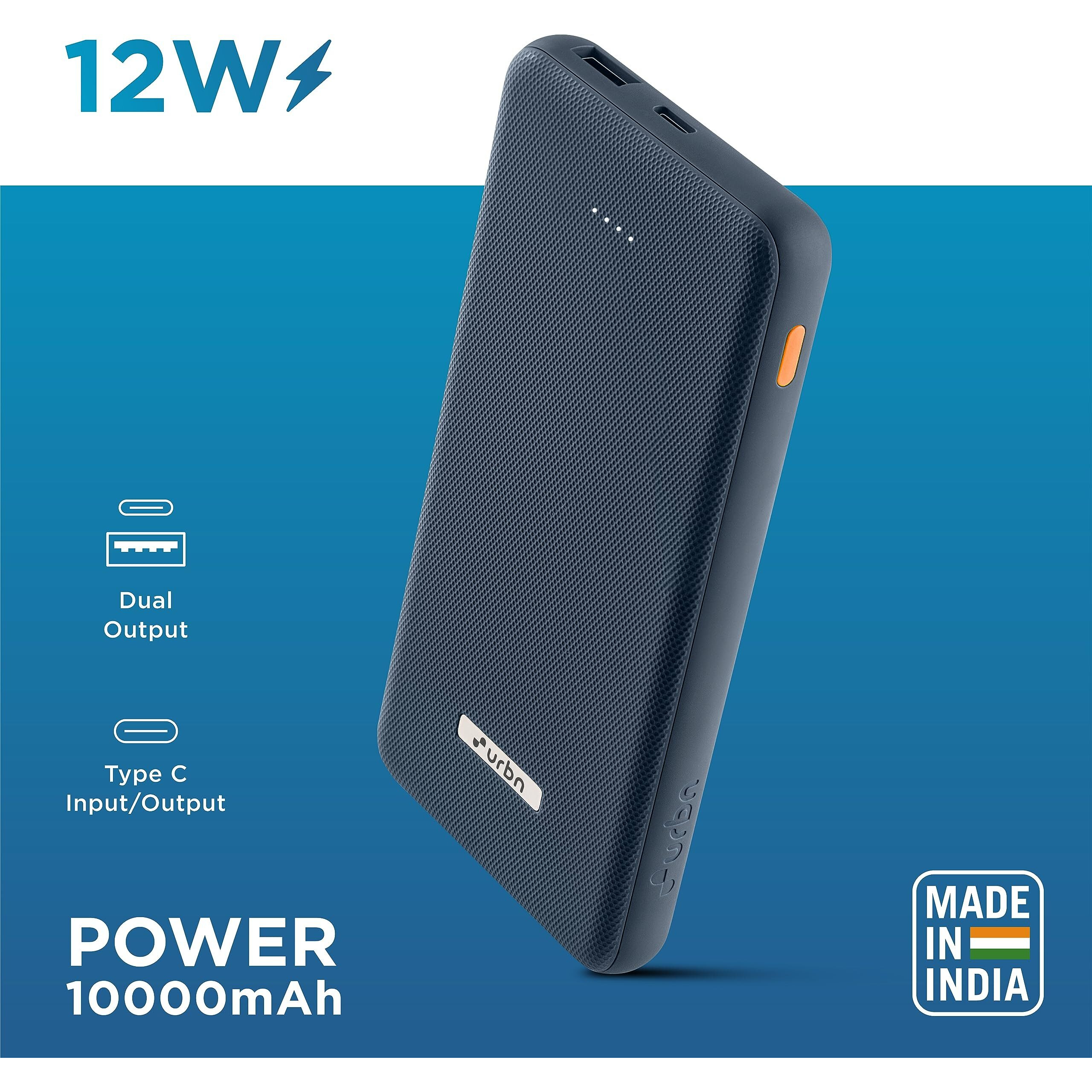 URBN Ultra Slim Power Bank 10000mAh Lithium Polymer with Dual Port & Type C - Purple | BIS Certified, 12W Output, 4-Layer Protection | Made in India | Free Type C Cable | 6 Months Warranty - Blue