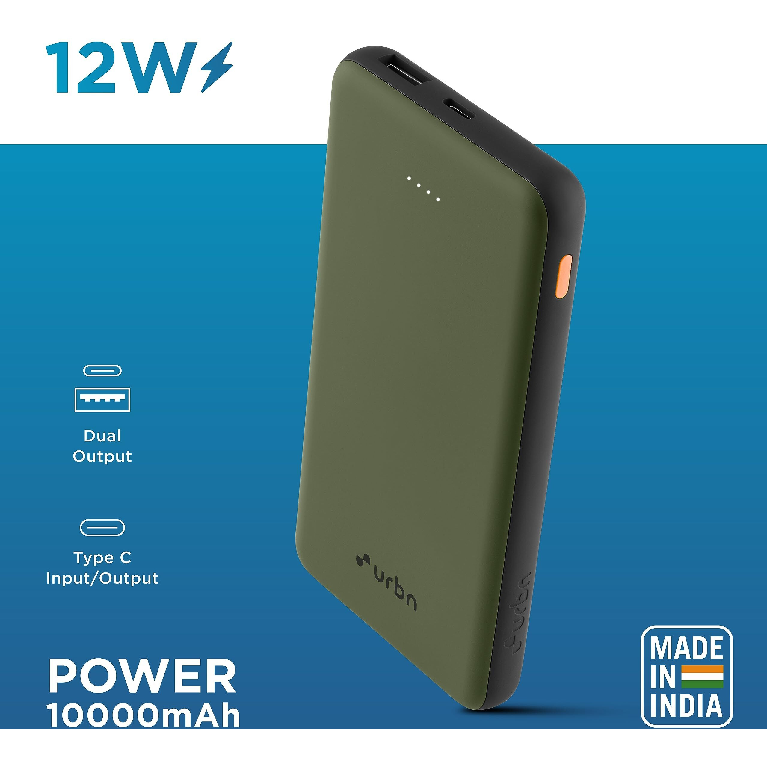 URBN 10,000mAh Ultra Slim Power Bank with Type C Dual Ports | 12W Fast Charging | 4-Layer Circuit Protection | BIS Certified | Made in India | 6-Month Replacement Warranty | Free Type C Cable | Camo
