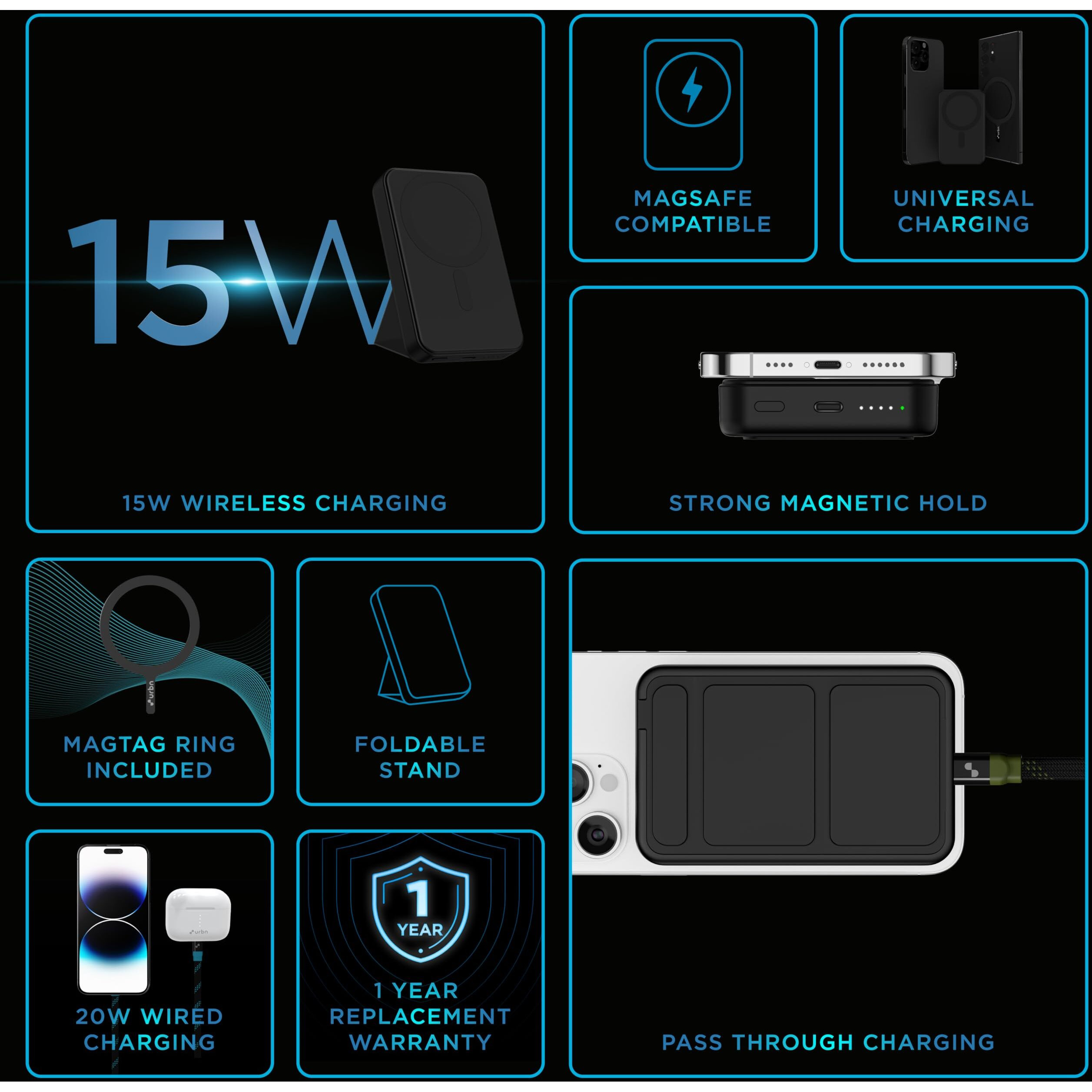 URBN 10000 mAh Magsafe Power Bank with Stand | 15W Fast Wireless Charging |Strong Magnetic Hold | Type C Input/Output | Pass Through Charging | MagTag Ring Included | (Black)