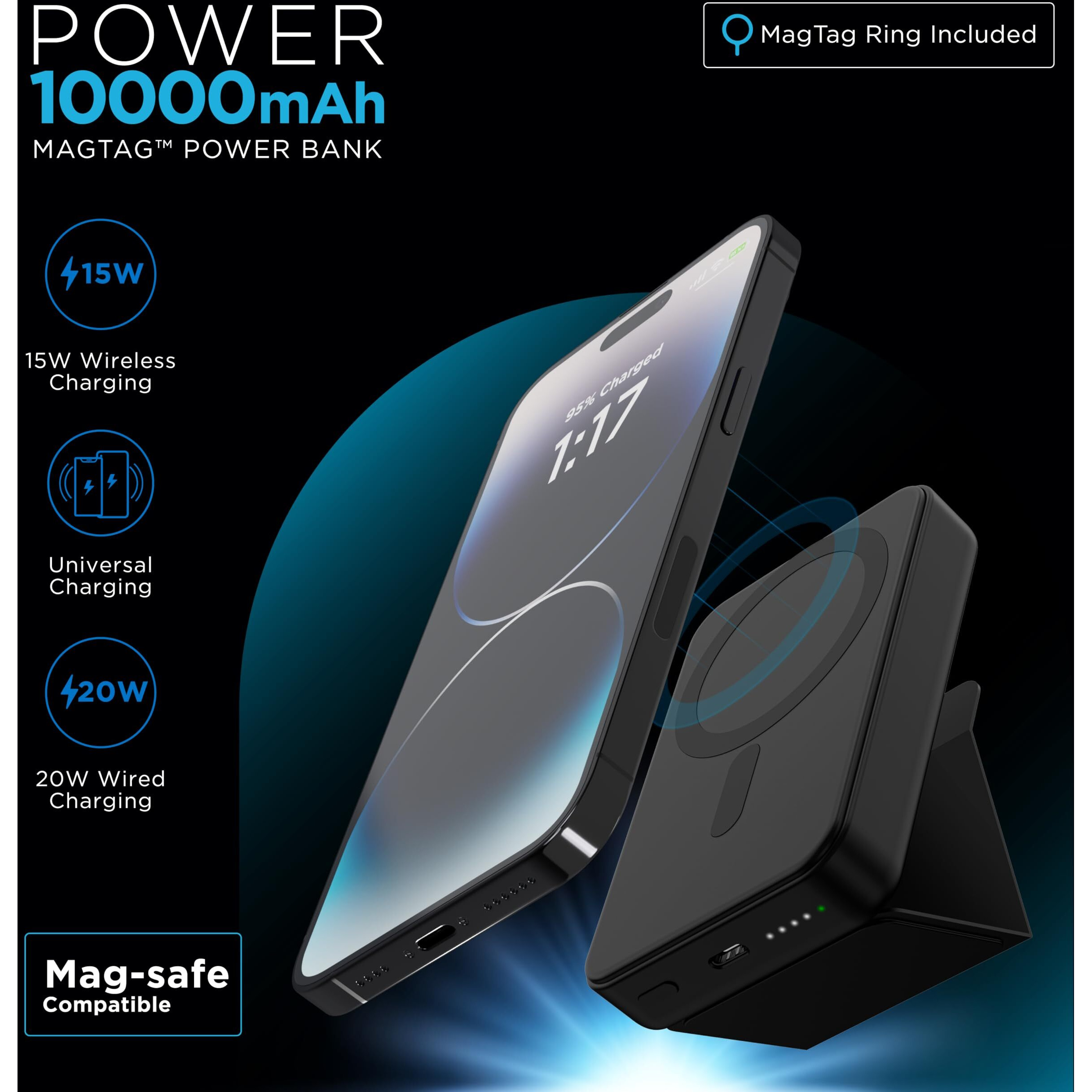 URBN 10000 mAh Magsafe Power Bank with Stand | 15W Fast Wireless Charging |Strong Magnetic Hold | Type C Input/Output | Pass Through Charging | MagTag Ring Included | (Black)