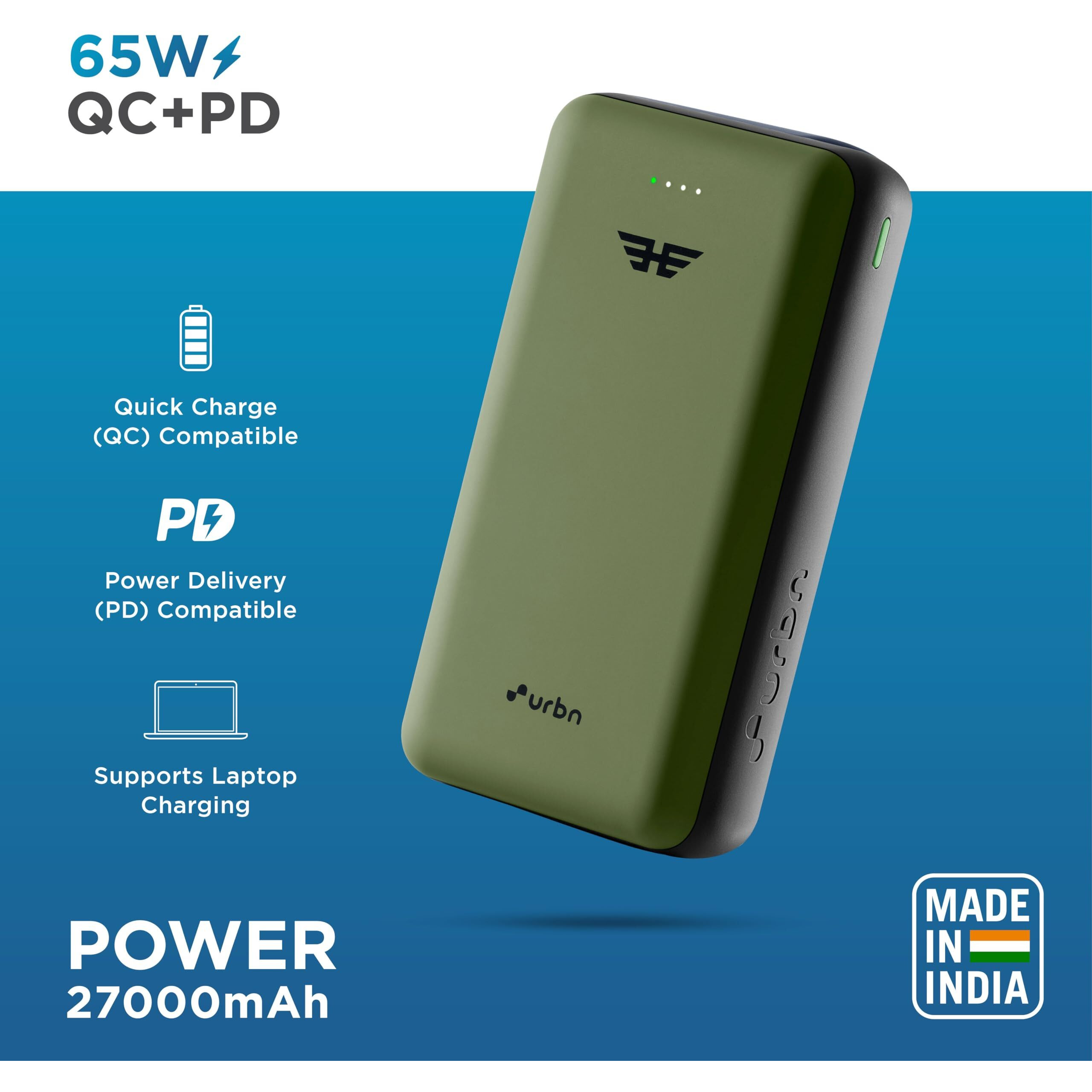 URBN 27000 mAh 65W Ultra Fast Charging Compact Laptop Power Bank | Type C Power Delivery (Input& Output) | Quick Charge | Two-Way Fast Charging | Charge MacBook & Mobile Phones |Made in India (Camo)