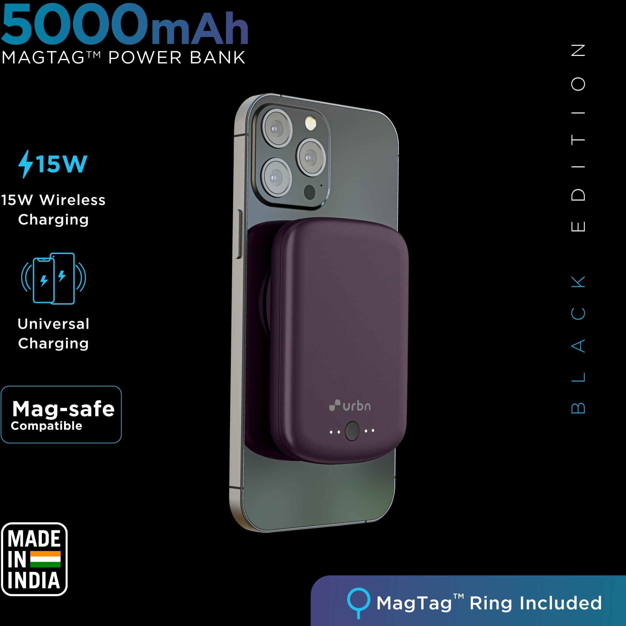 URBN 5000 mAh Premium Magsafe Power Bank | 15W Fast Wireless Charging |Strong Magnetic Hold | Type C Input/Output | Pass Through Charging | MagTag Ring Included | (Purple)