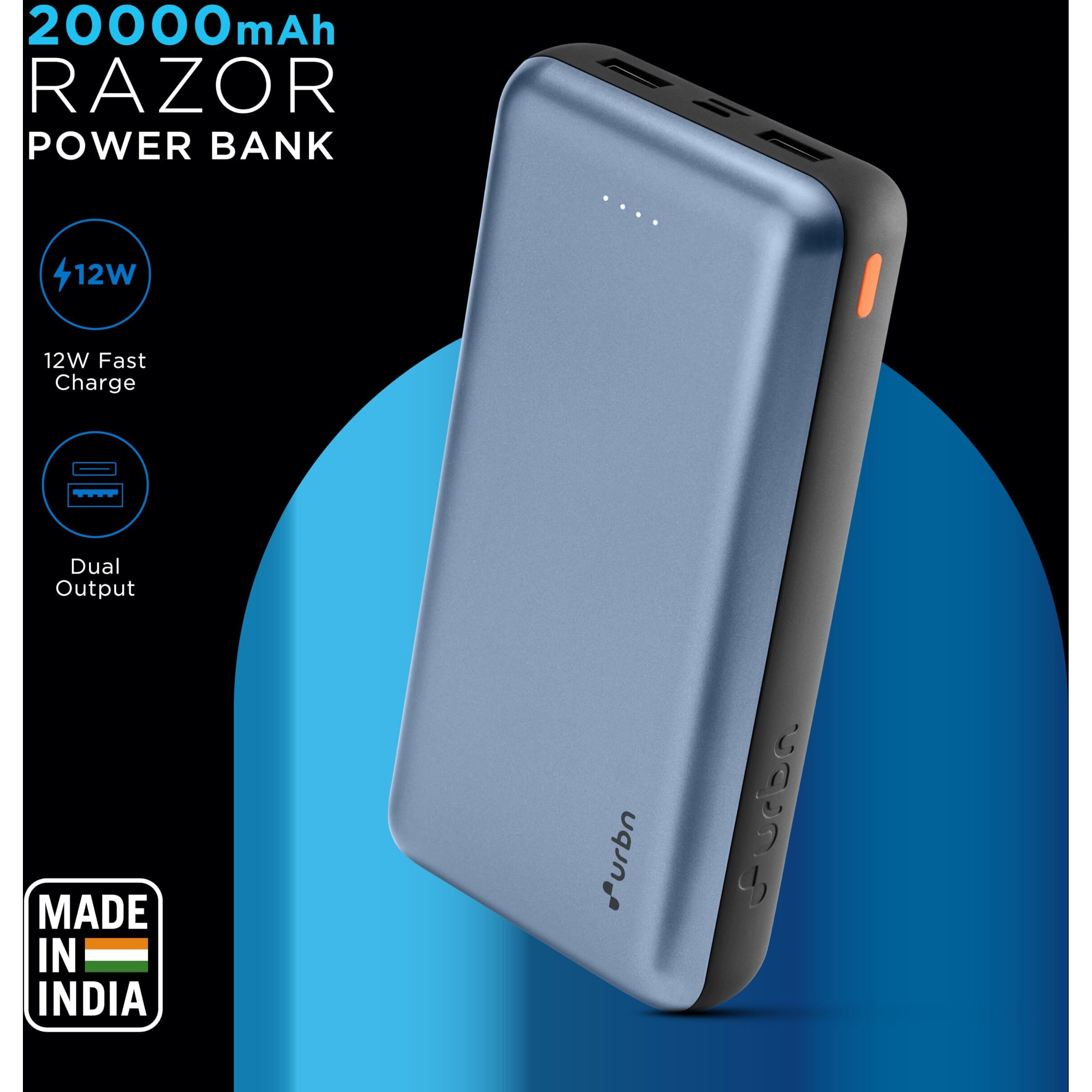 URBN 20000 mAh Li-Polymer Ultra Compact Power Bank | 12W Fast Charge | Dual USB Output | Type C & Micro Input Only | Pocket Size | Made in India (Blue)