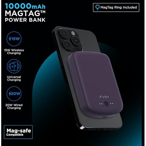 URBN 10000 mAh Magsafe Power Bank | 15W Fast Wireless Charging |Strong Magnetic Hold | Type C Input/Output | Pass Through Charging | MagTag Ring Included | (Purple)