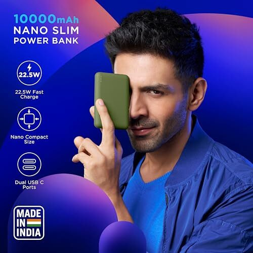 URBN 10000 mAh Nano Slim Power Bank | 22.5W Fast Charging | Type C PD (Input& Output) | Made in India | Two Way Fast Charge | for iPhone, Android & More (Black)