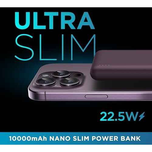 URBN 10000 mAh Nano Slim Power Bank | 22.5W Fast Charging | Type C PD (Input& Output) | Made in India | Two Way Fast Charge | for iPhone, Android & More (Purple)