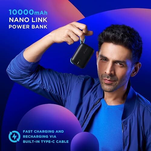 URBN 10000 mAh Nano Link Power Bank with in-Built USB-C Cable| 22.5W Fast Charging | Type C PD (Input& Output) | Made in India | Two Way Fast Charge | for iPhone, Android & More (Black)