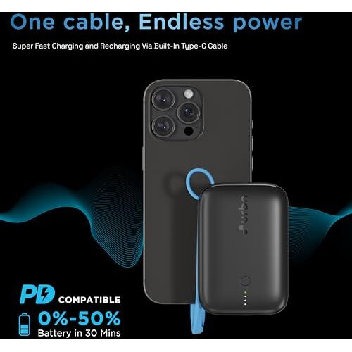 URBN 10000 mAh Nano Link Power Bank with in-Built USB-C Cable| 22.5W Fast Charging | Type C PD (Input& Output) | Made in India | Two Way Fast Charge | for iPhone, Android & More (Black)