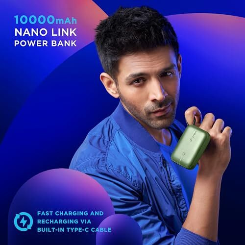 URBN 10000 mAh Nano Link Power Bank with in-Built USB-C Cable| 22.5W Fast Charging | Type C PD (Input& Output) | Made in India | Two Way Fast Charge | for iPhone, Android & More (Camo)