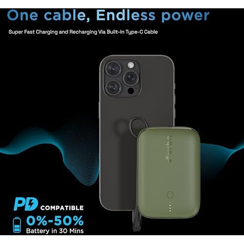 URBN 10000 mAh Nano Link Power Bank with in-Built USB-C Cable| 22.5W Fast Charging | Type C PD (Input& Output) | Made in India | Two Way Fast Charge | for iPhone, Android & More (Camo)