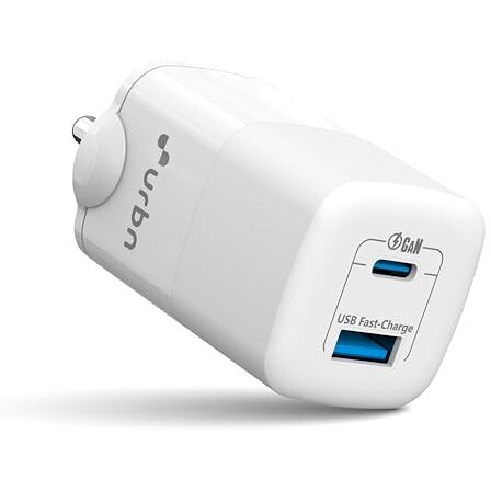 URBN 65W Ultra Fast GaN Laptop Adapter 50% Charge in 30 Mins | iPhone Charger | Dual Output | Universal Compatibility for MacBook Pro, iPad & Android Mobiles (White)