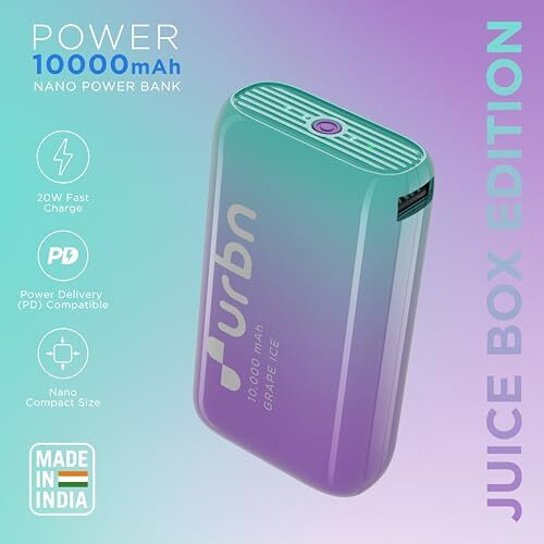 URBN 10000 mAh Nano Power Bank Juice Box Edition with EV-Batteries | 20W Fast Charging | Smallest Power Bank | Type C PD (Input& Output) | Made in India | Dual Output | (Grape Ice)