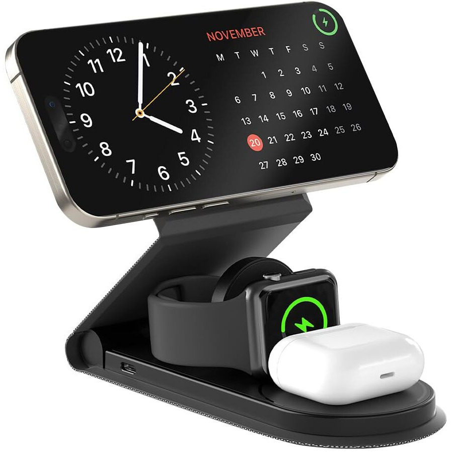 URBN Wireless Charger 3 in 1 Magnetic MagSafe Charging Foldable Stand for Apple iWatch, Airpods & iPhone 16/16 Pro / 16 Plus 15/15 Plus/15 Pro/15 Pro Max and Other Qi Supported Wireless Smartphones