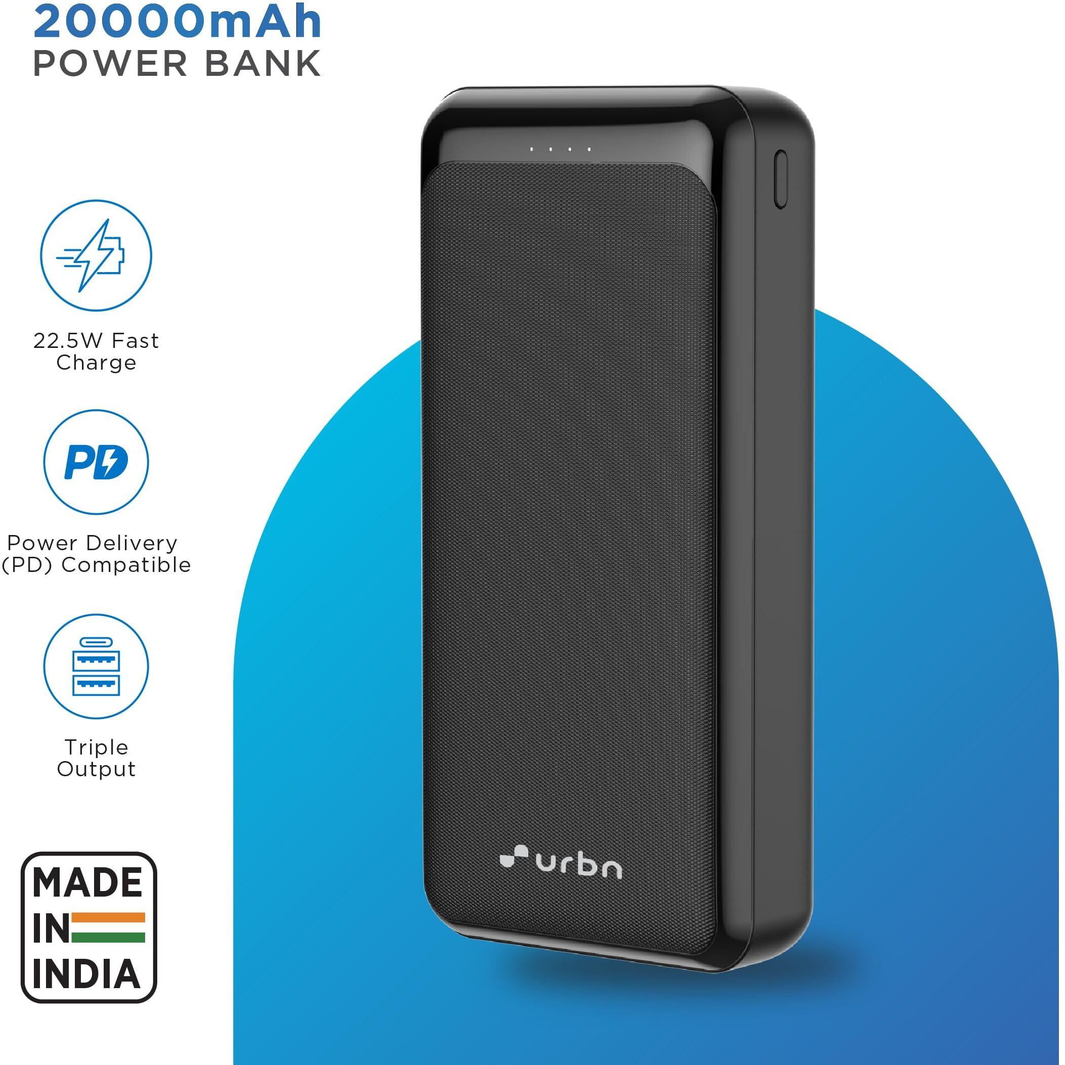 URBN Power Bank 20000mAh Fast Charging | 22.5W Super Fast Power Delivery (PD) Portable Charger | Triple Output | USB Type C Input & Output | Pass Through Charging | (Black)