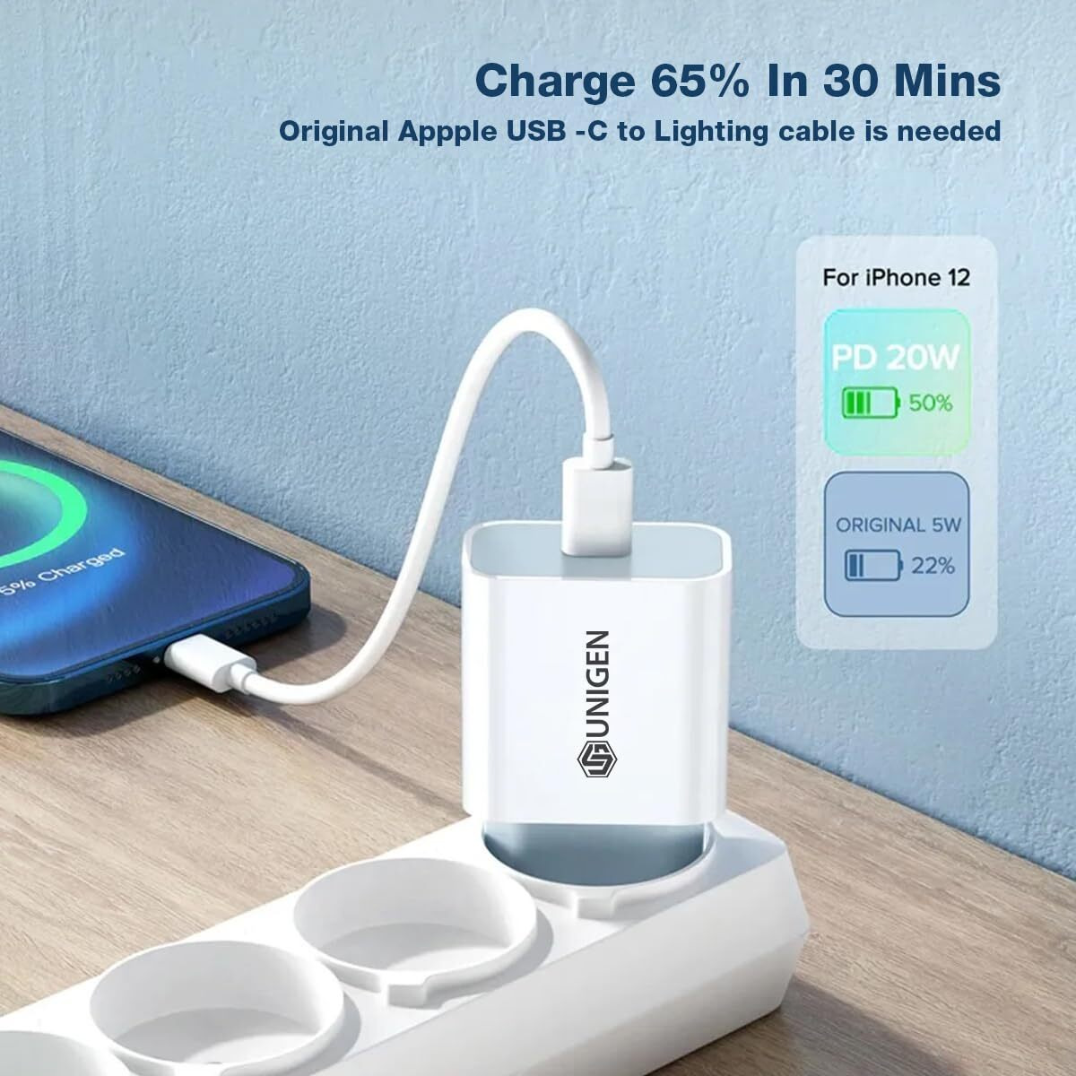 UNIGEN 20W PD Type-C Adapter Fast Wall Charger Compatible with Android, iPhone 16/15/14/14 Plus/14 Pro/14 Pro Max, iPhone 13/13 Pro/13 Pro Max/13 Mini, 12/12 Mini/12 Pro Max, iPhone 11 BIS Certified