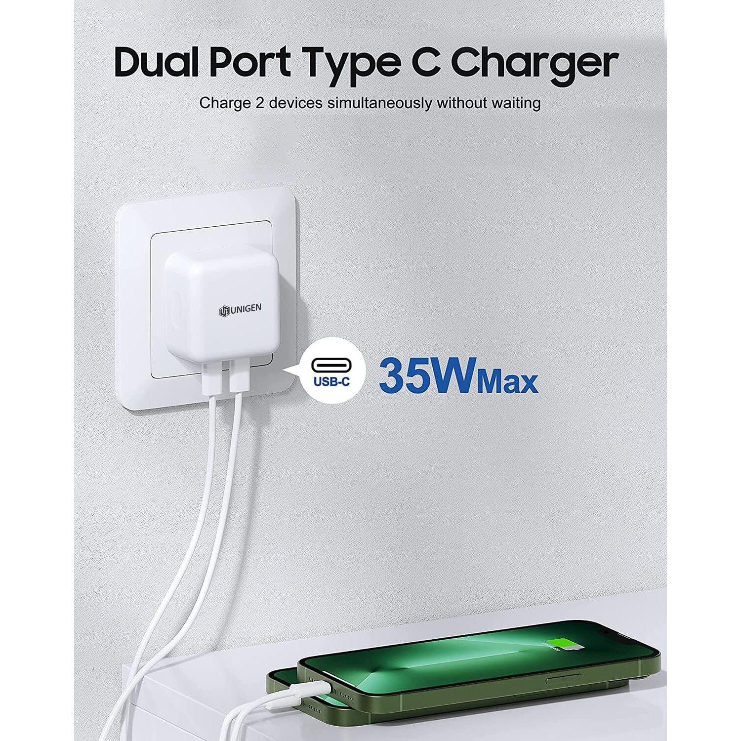 UNIGEN 35w PD Dual Port Charger USB Type-C Adapter for iPhone 16/15/15 Plus/15 Pro/15 Pro Max, 14/13/12/11 Series, Samsung & All Android & iOS Devices Multiple Protection Fast Charger BIS Certified