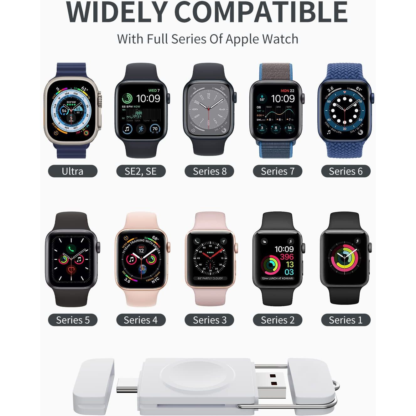 UNIGEN Uniport Magnetic Watch Portable Charger with USB C & USB A Port [OTG] Compatible with 9/8/7/SE/6/5/4/3/2/1-White