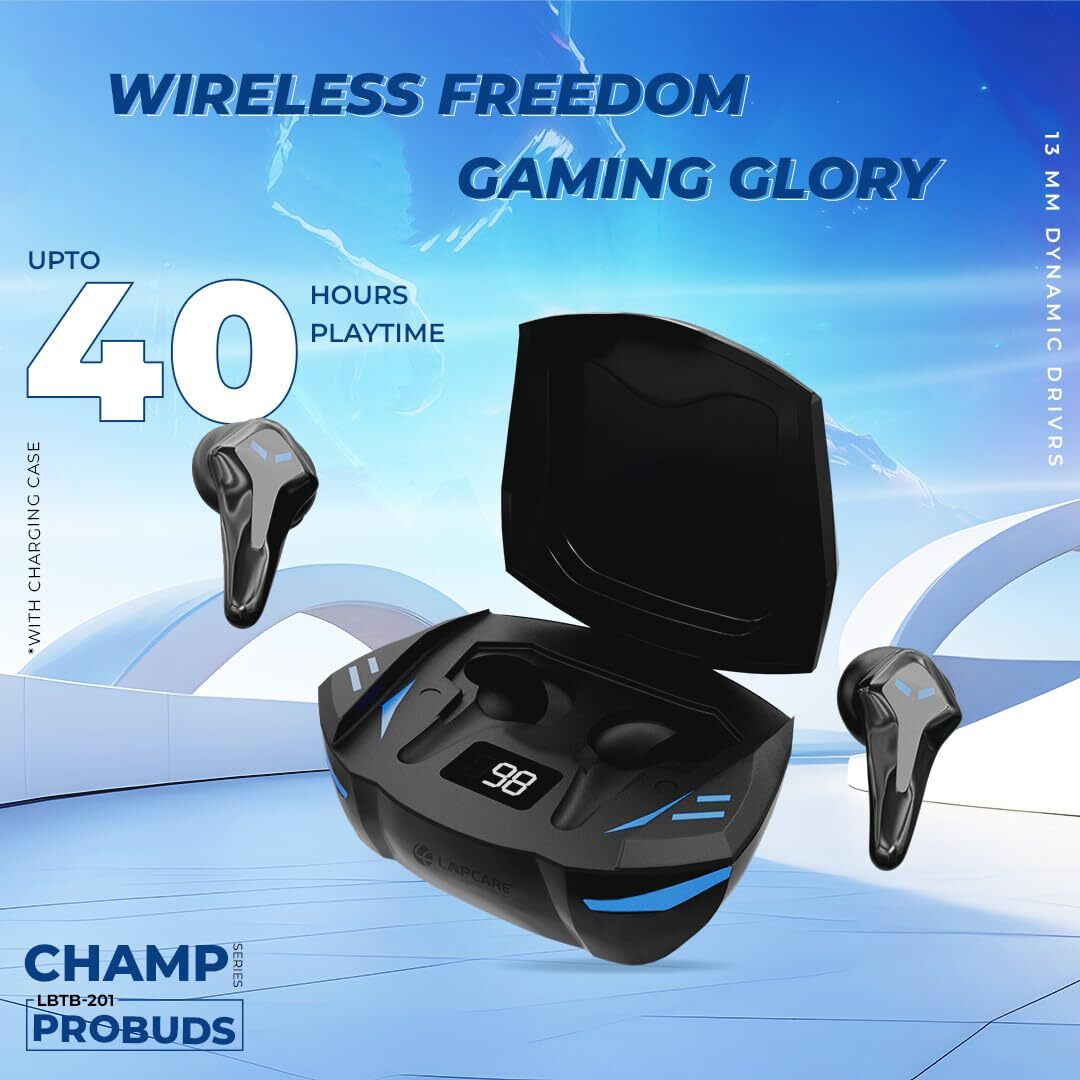 Lapcare Champ Series in Ear Probuds, Up to 50Ms Low Latency & Built-in Mic, 60H Playtime, Ipx5 Sweat & Water Resistant, Touch Controls & Voice Control, Super Fast Charging (Black)