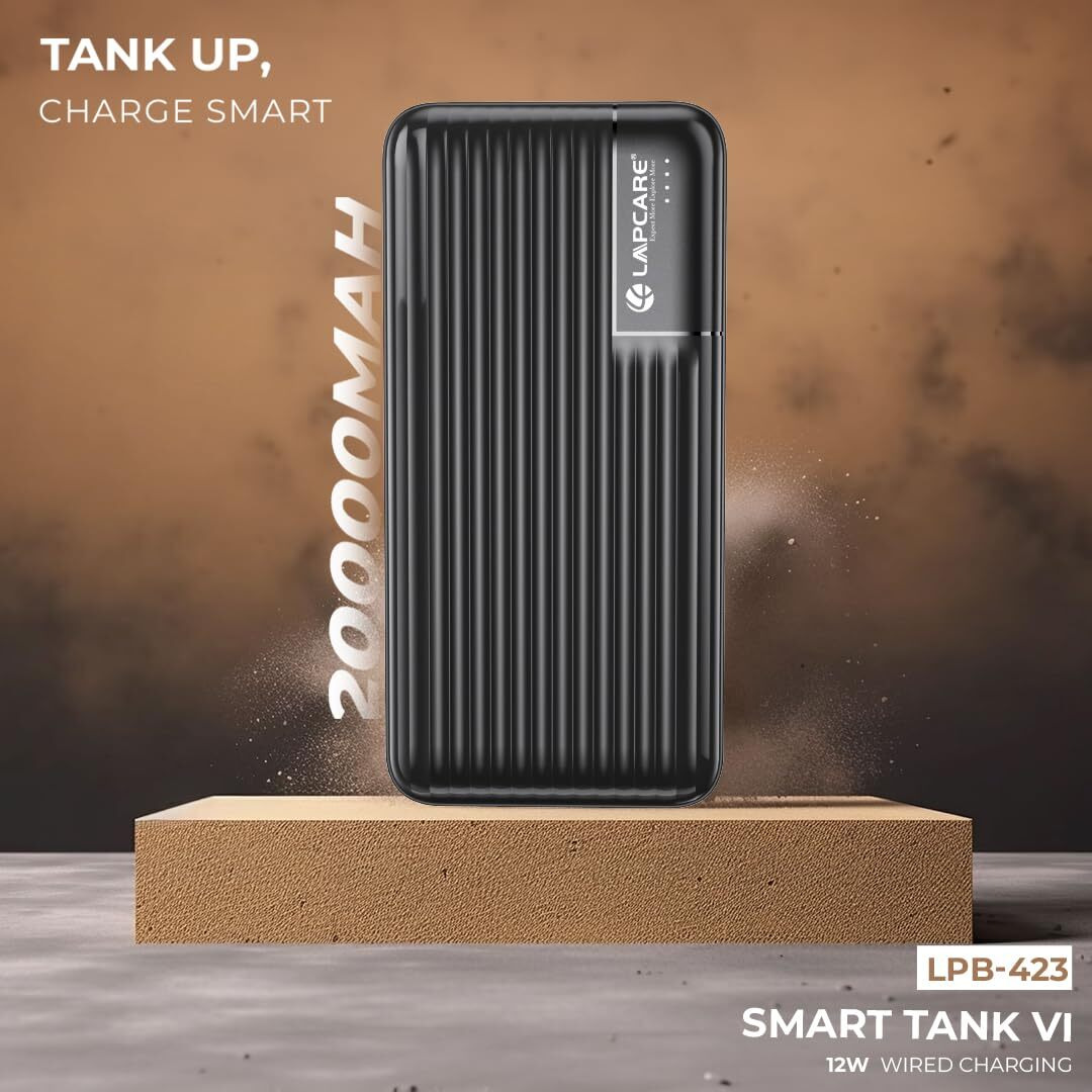 LAPCARE Smart Tank VI 20000mAh Fast Charging Power Bank | Dual USB Port | Led Indicator | Compact & Slim Design | Made in India | Type C and 2 USB Ports, 12W Fast Charging Power Bank