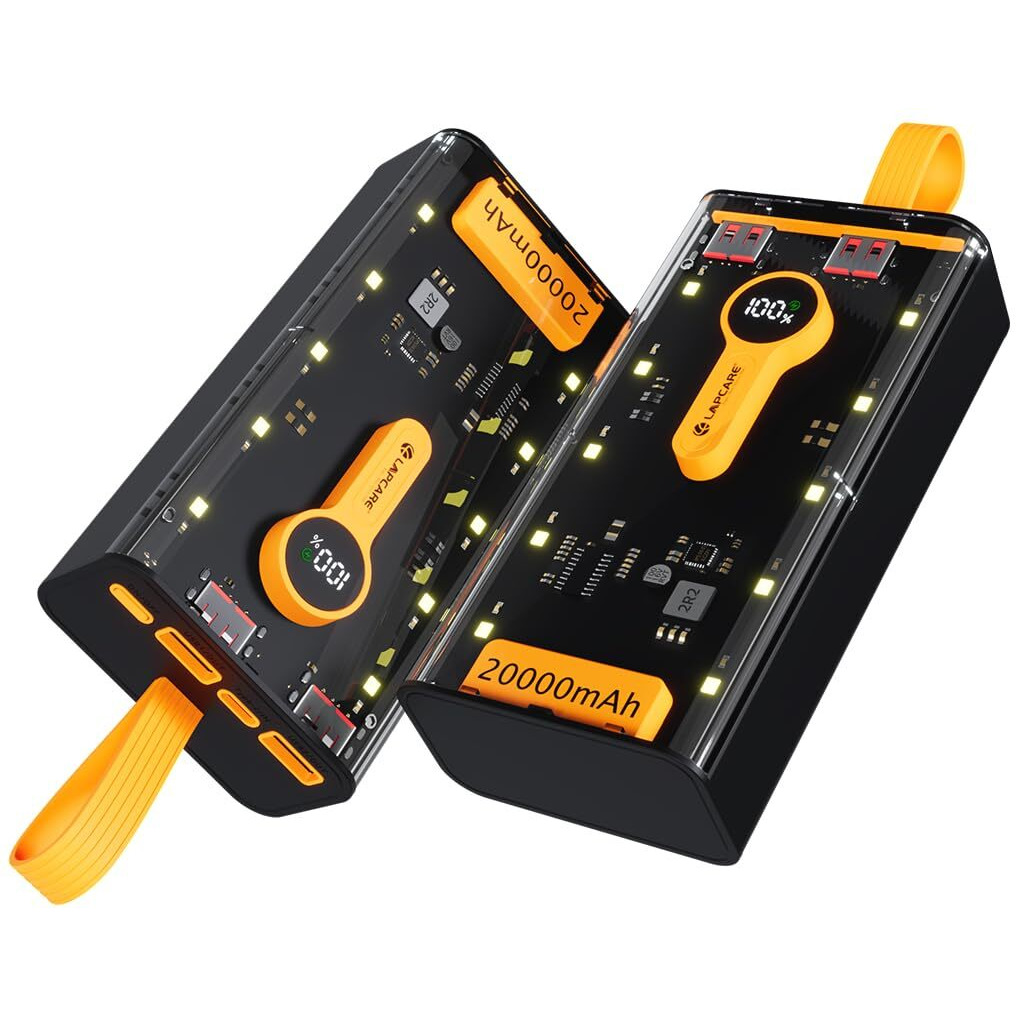 LAPCARE Bolt Pro 20000Mah Transparent Power Bank | 22watt Type-C PD Fast Charging | Dual USB QC Port | Led Display | Multi Circuit Protection | Made in India