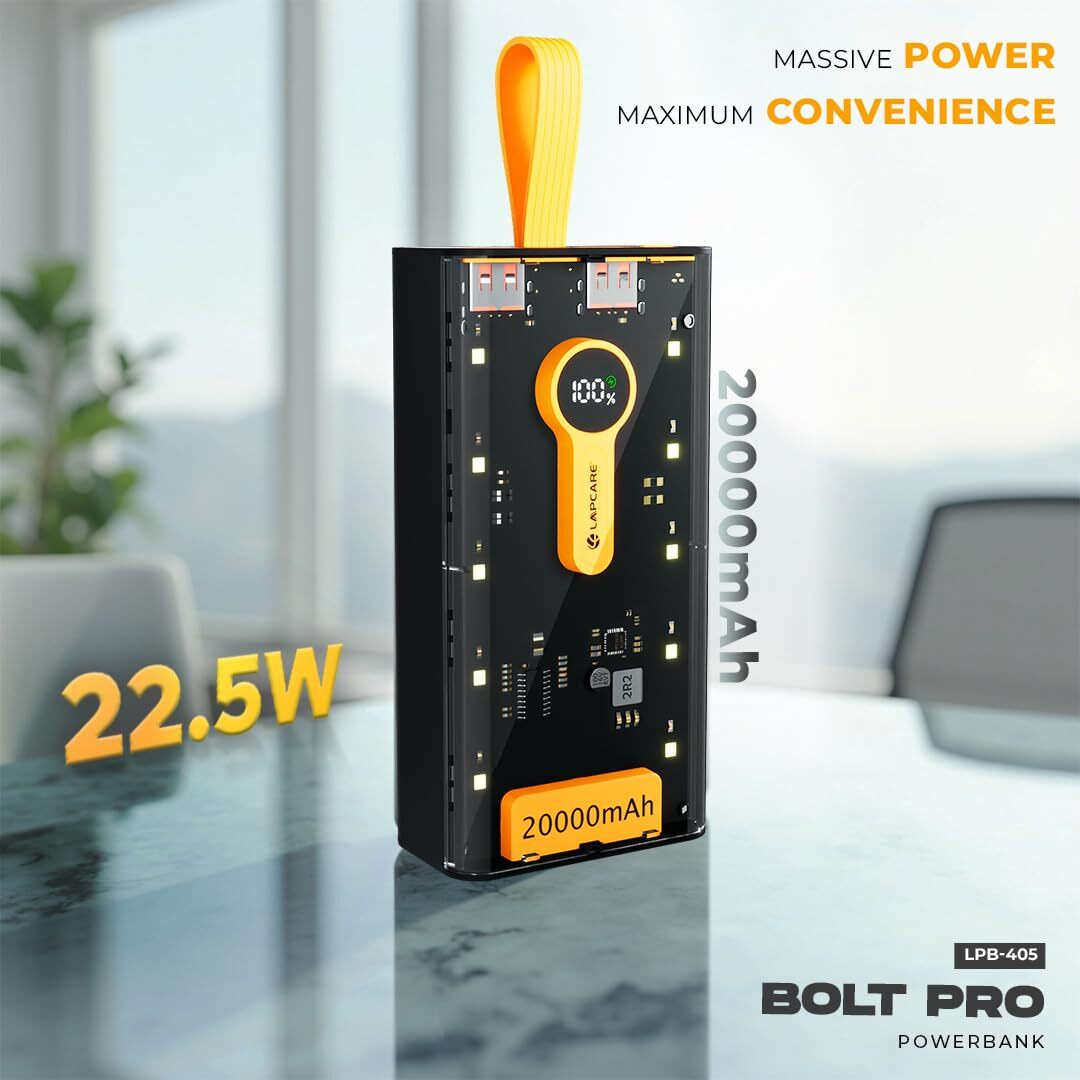LAPCARE Bolt Pro 20000Mah Transparent Power Bank | 22watt Type-C PD Fast Charging | Dual USB QC Port | Led Display | Multi Circuit Protection | Made in India