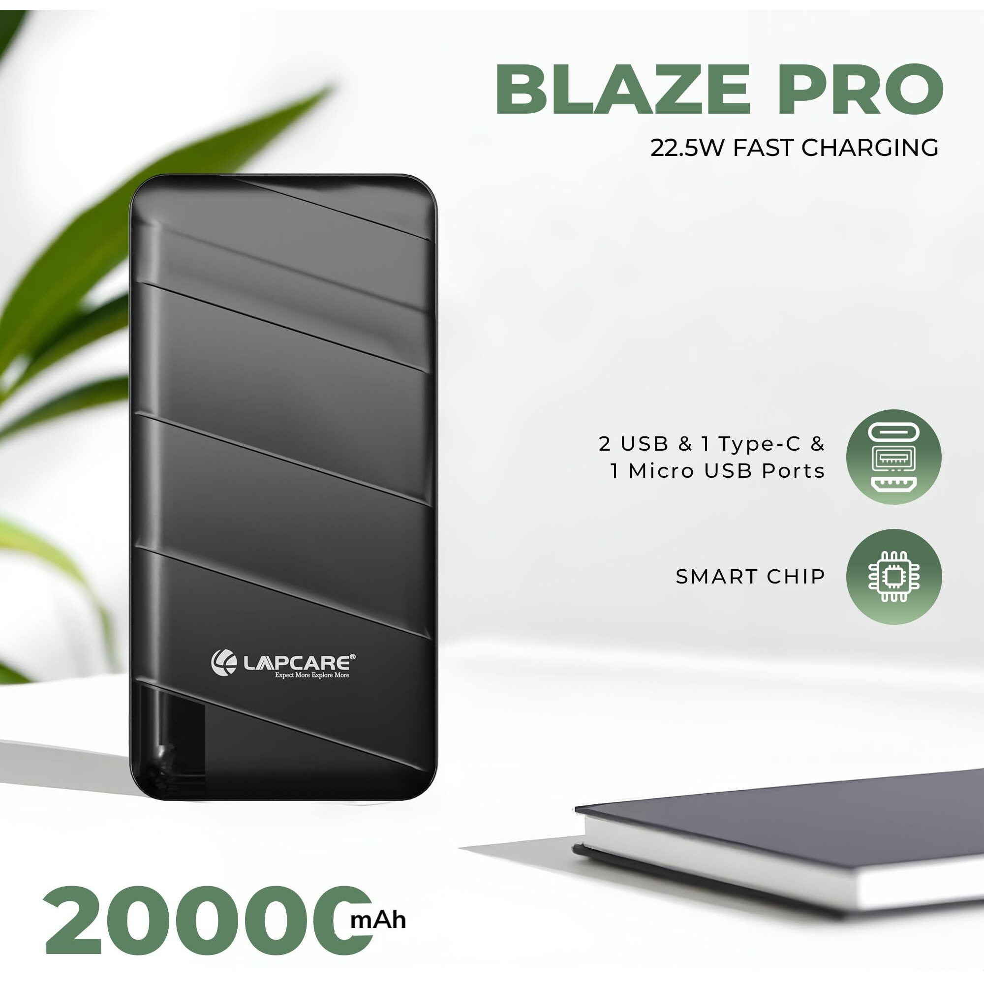 LAPCARE Blaze Pro 20000mAh Powerbank | 22.5w PD Fast Charging | Lite Waight | Dual in - Out Port (Type-C + Dual USB) | Smart Chip Protection for iPhone and Android Devices | Made in India