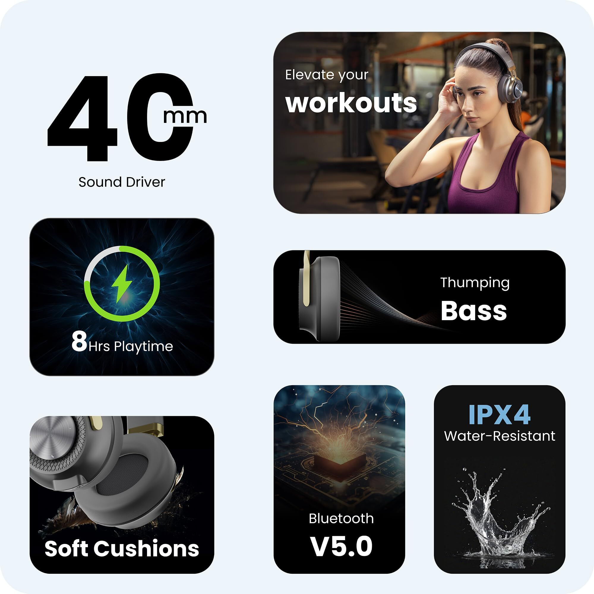HAMMER Bash 2.0 Over The Ear Wireless Bluetooth Headphones with Mic, Deep Bass, Foldable Headphones, Upto 8 Hours Playtime, Workout/Travel, Bluetooth 5.0 (Grey)