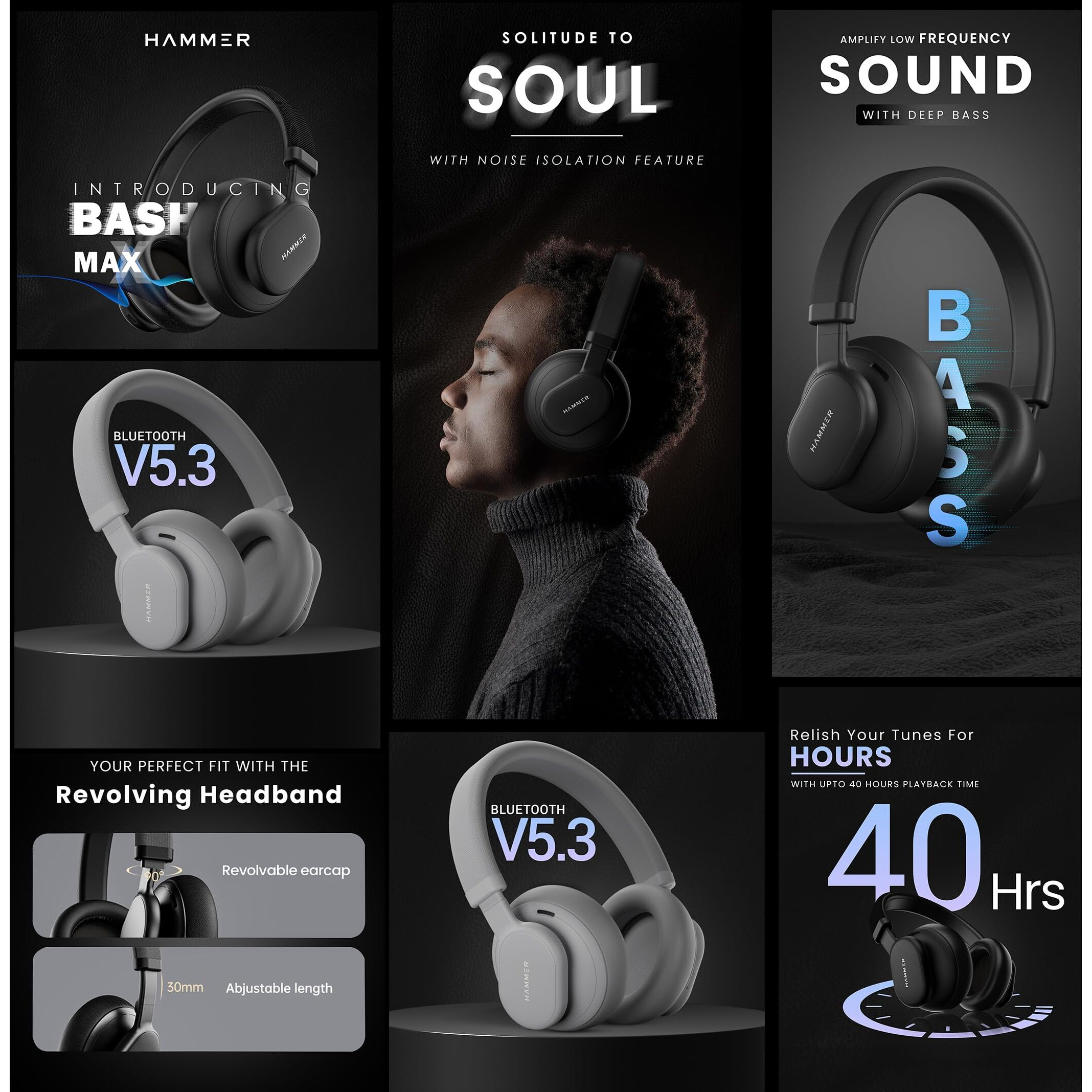 HAMMER Bash Max Over The Ear Wireless Bluetooth Headphones with Mic, Touch Control, Deep Bass, Upto 40 Hours Playtime, Bluetooth 5.3, Workout/Travel (Cool Grey)