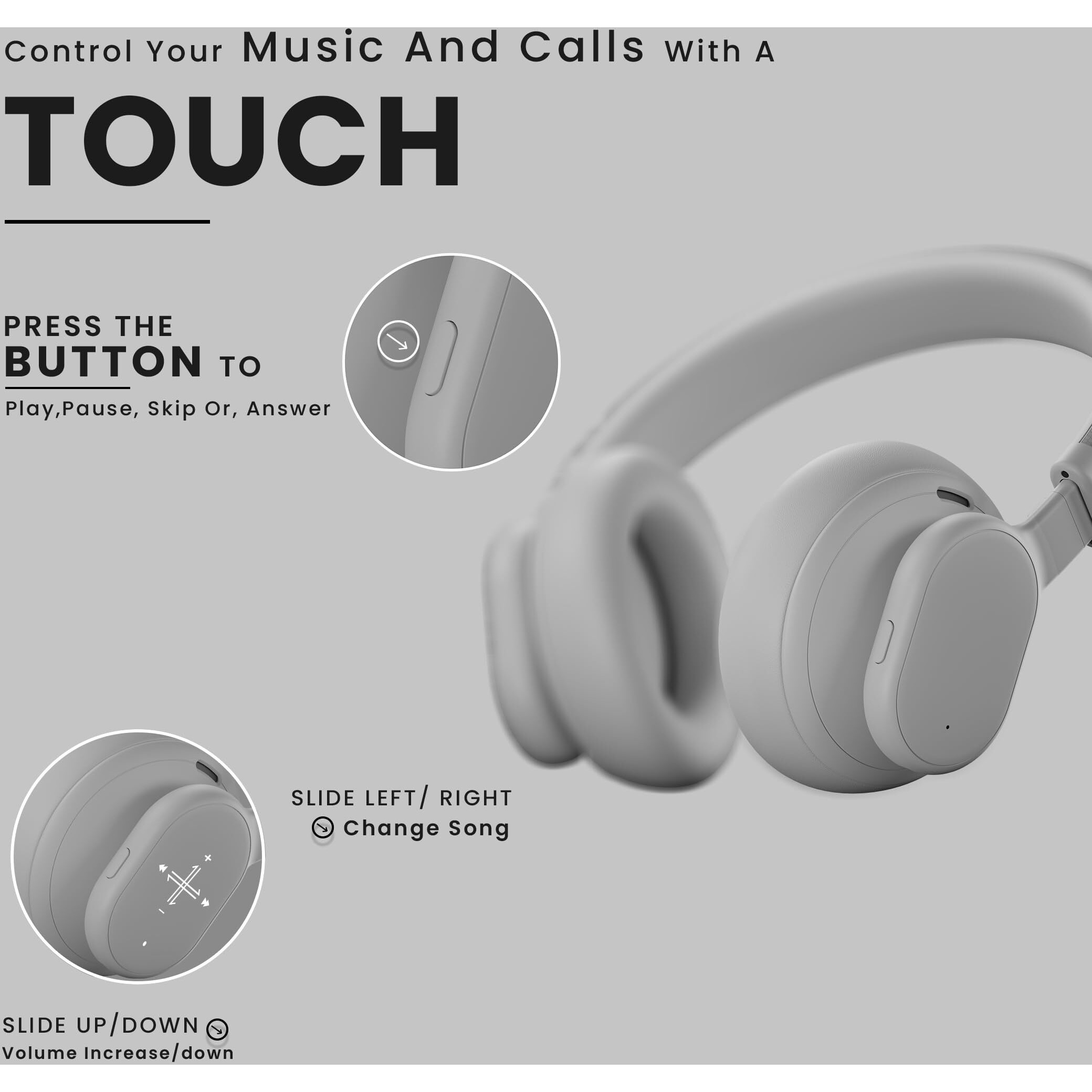 HAMMER Bash Max Over The Ear Wireless Bluetooth Headphones with Mic, Touch Control, Deep Bass, Upto 40 Hours Playtime, Bluetooth 5.3, Workout/Travel (Cool Grey)